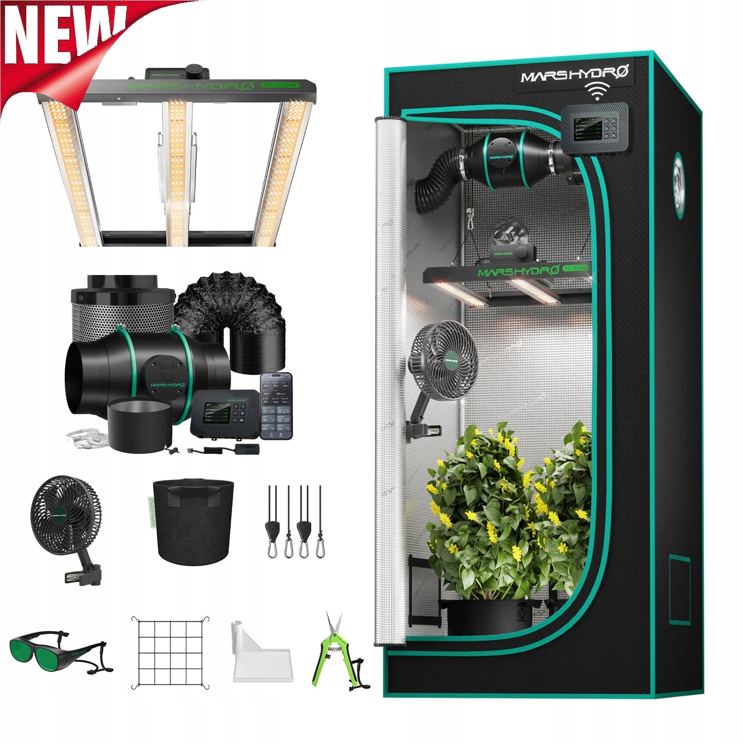 Mars Hydro 80x80x160cm Smart Growbox Grow Kit|FCE 1500|6” Clip Fan|APP/Wifi Manufacturer code FC-E1500-SET-CP-2508