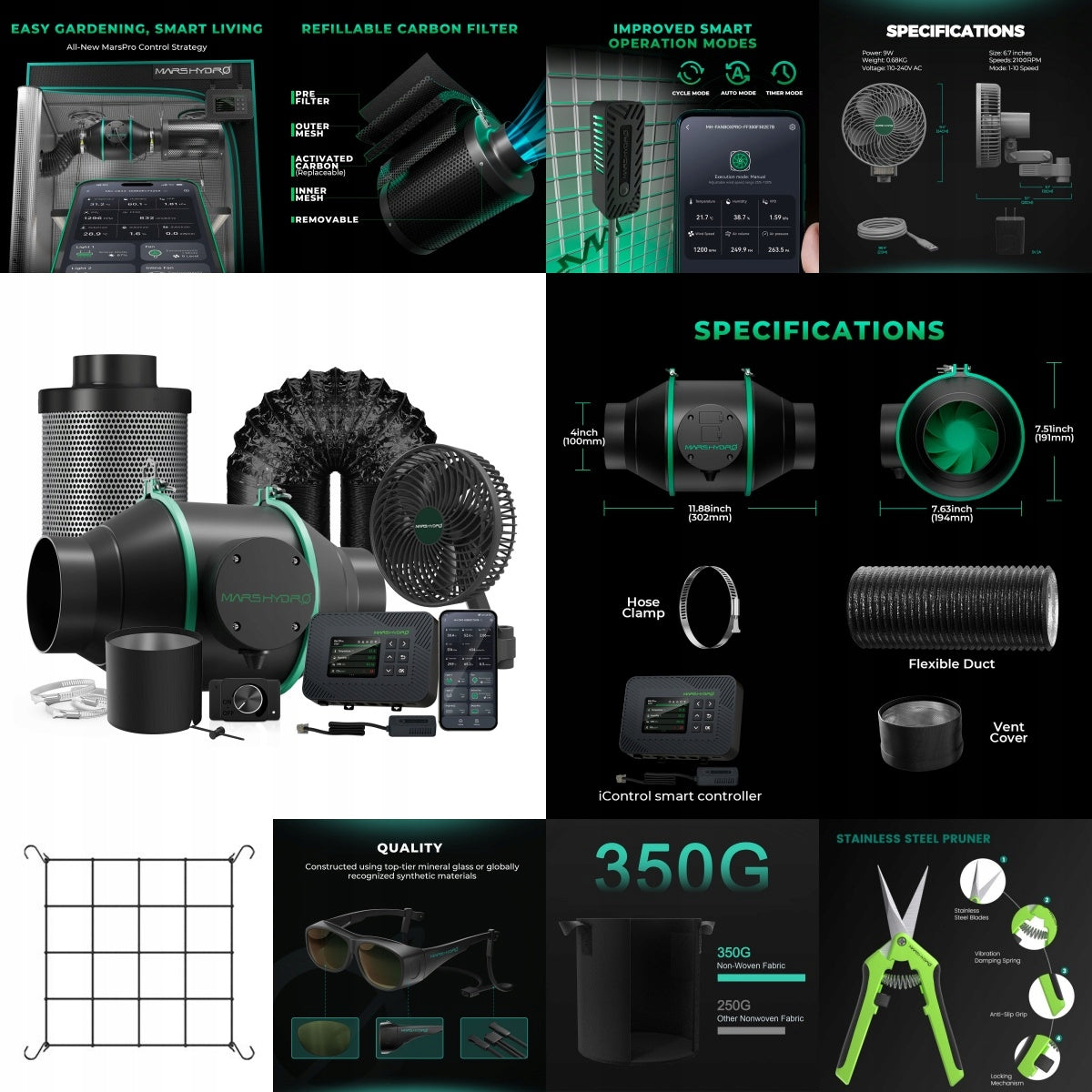 Mars Hydro 80x80x160cm Smart Growbox Grow Kit|FCE 1500|6” Clip Fan|APP/Wifi Width 0.8 m