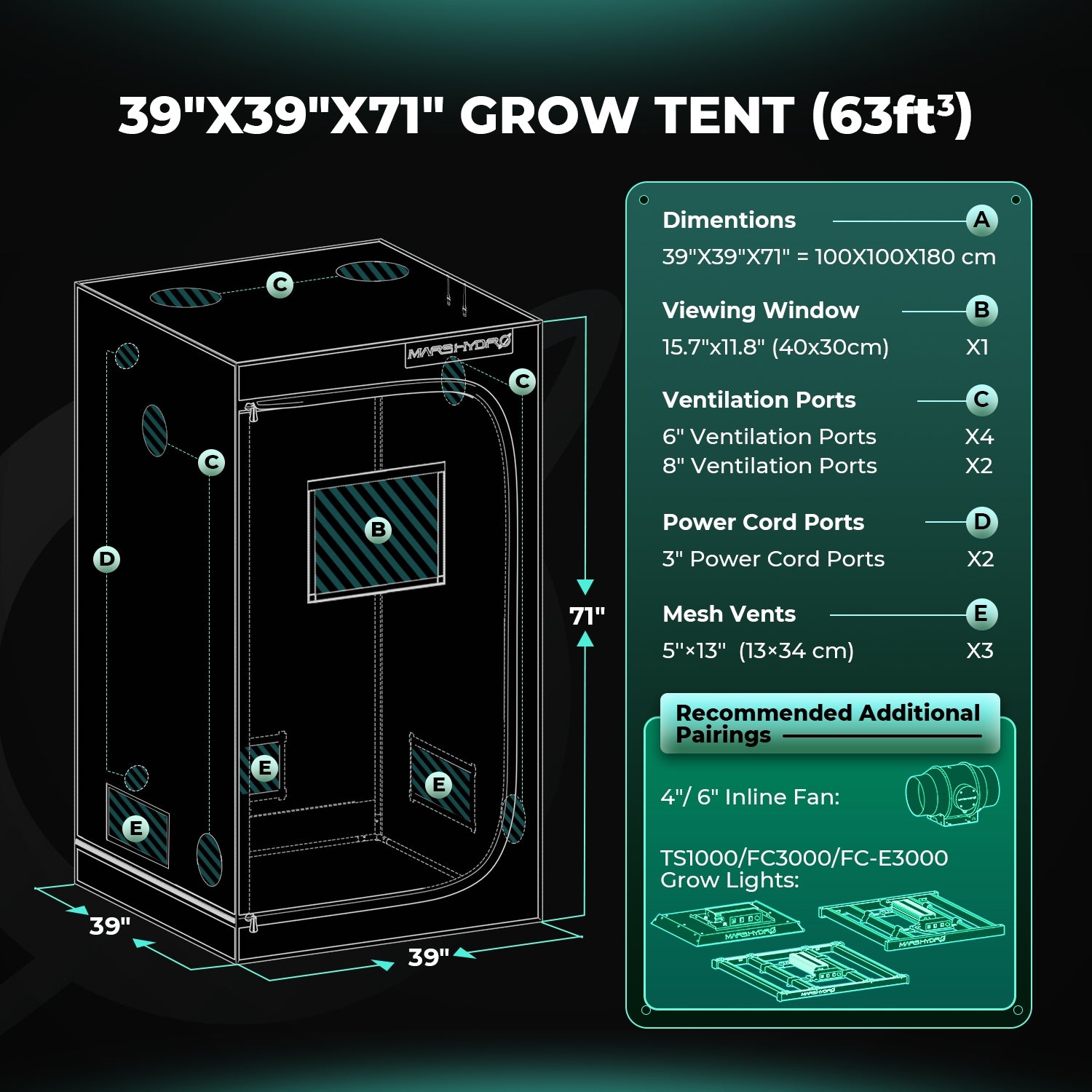 MarsHydro Grow Tent 100x100x180cm Tent 100% Reflective Mylar 1680D Oxford Manufacturer code 06973280375073