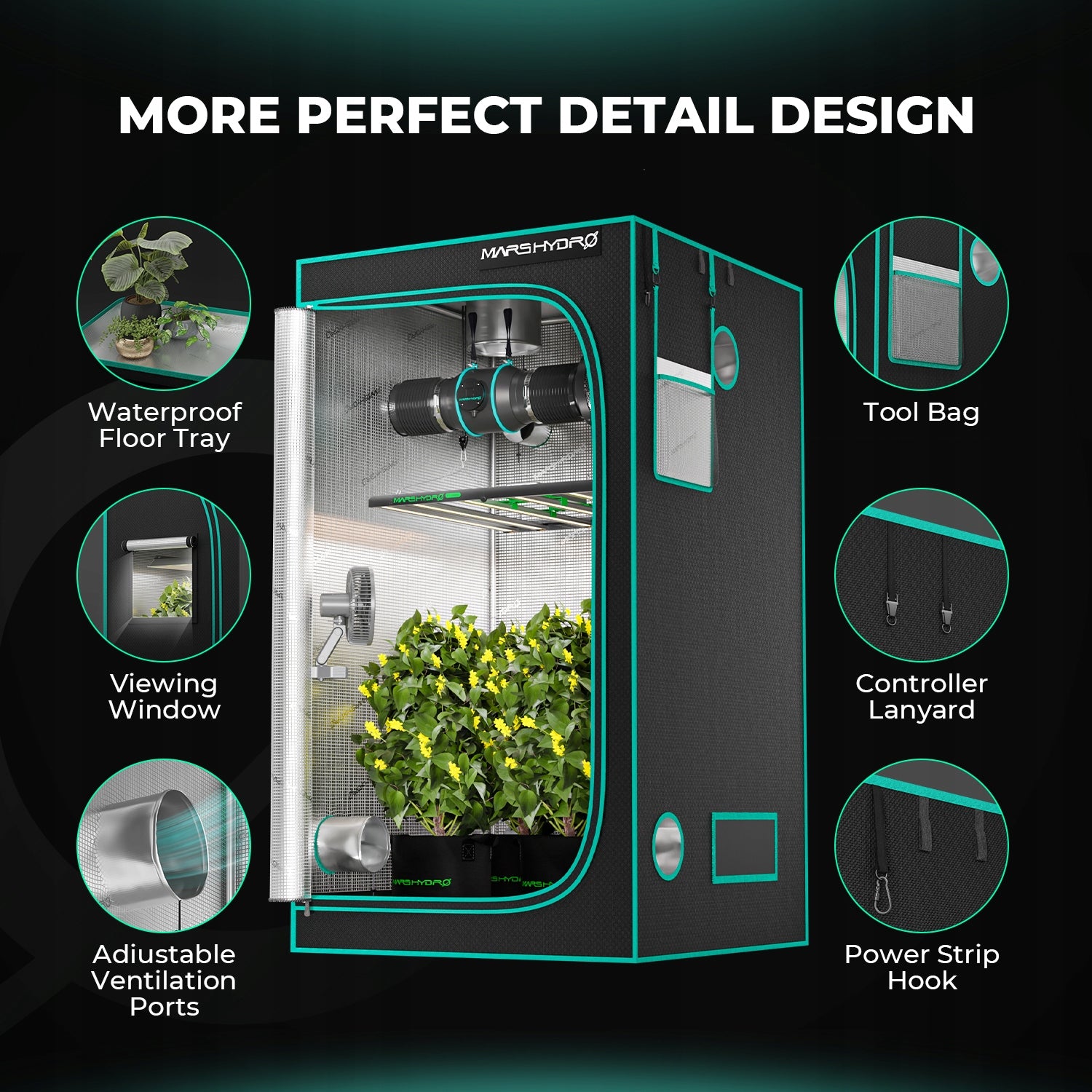MarsHydro Grow Tent 100x100x180cm Tent 100% Reflective Mylar 1680D Oxford Product height 180 cm