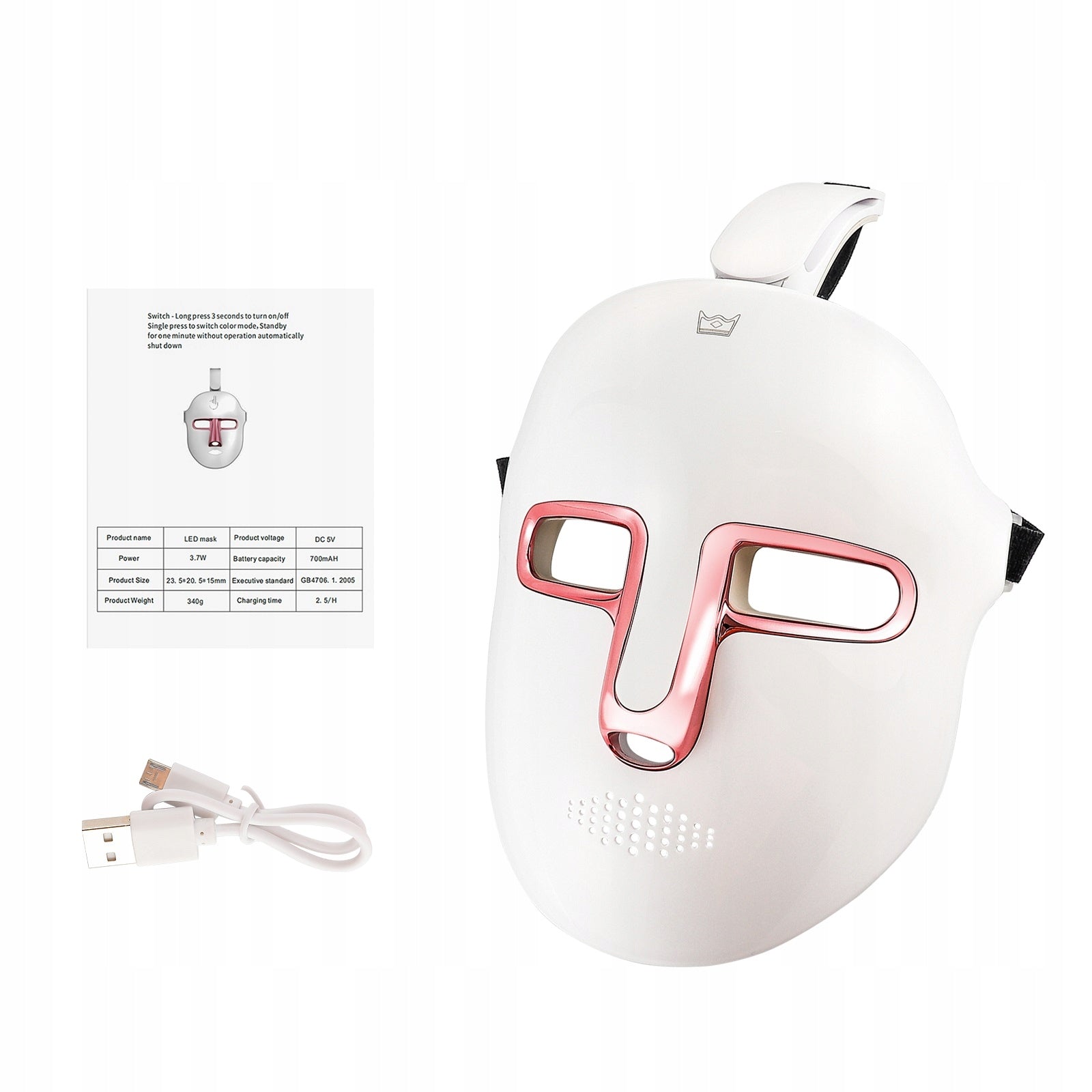 Maska LED do twarzy akumulatorowa 270 diod, 7 kolorów, zasilanie USB Medical device no