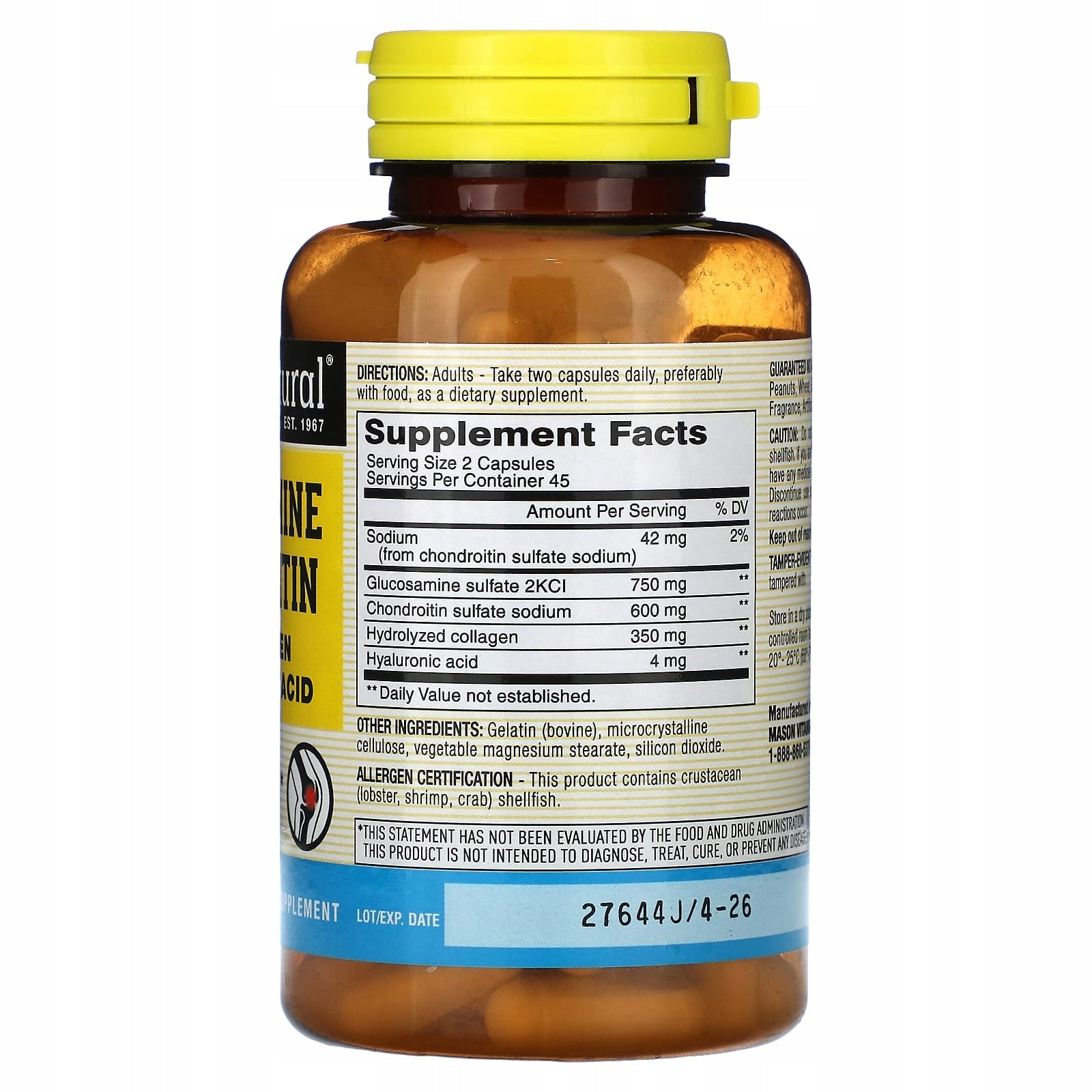 Mason Natural, Glucosamine, Chondroitin with collagen and hyaluronic acid, Expiration date at least 3 months from the date of purchase