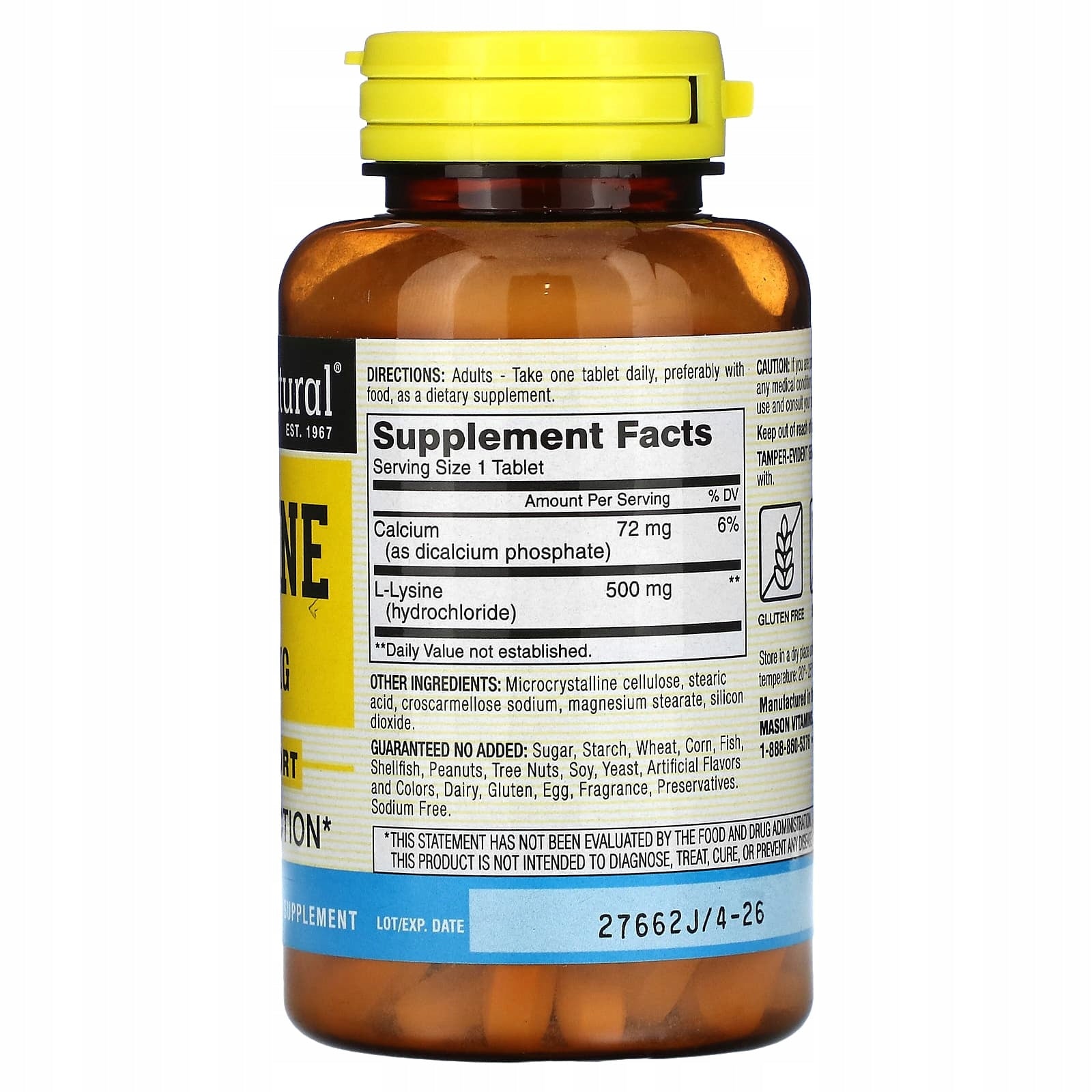 Mason Natural, L-lysine, 500 mg, 100 tablets Expiration date at least 3 months from the date of purchase