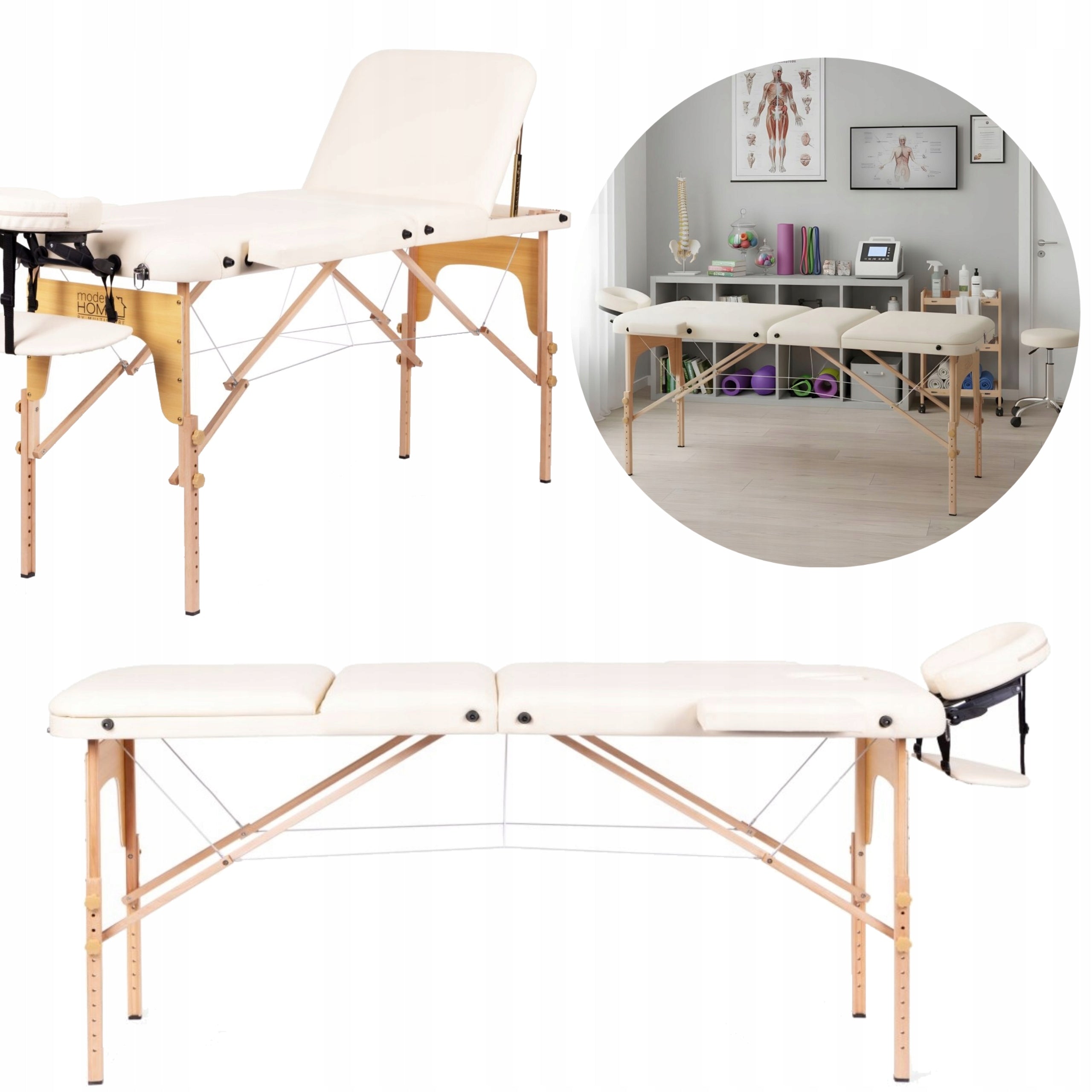 Massage Table Folding Wooden 3 Segment Rehabilitation With Bag White