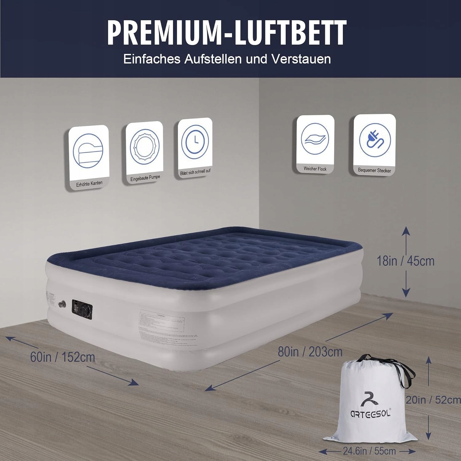 Mattress Inflatable Double Bed With Electric Pump 203x152 cm ARTEESOL Manufacturer code A-59065