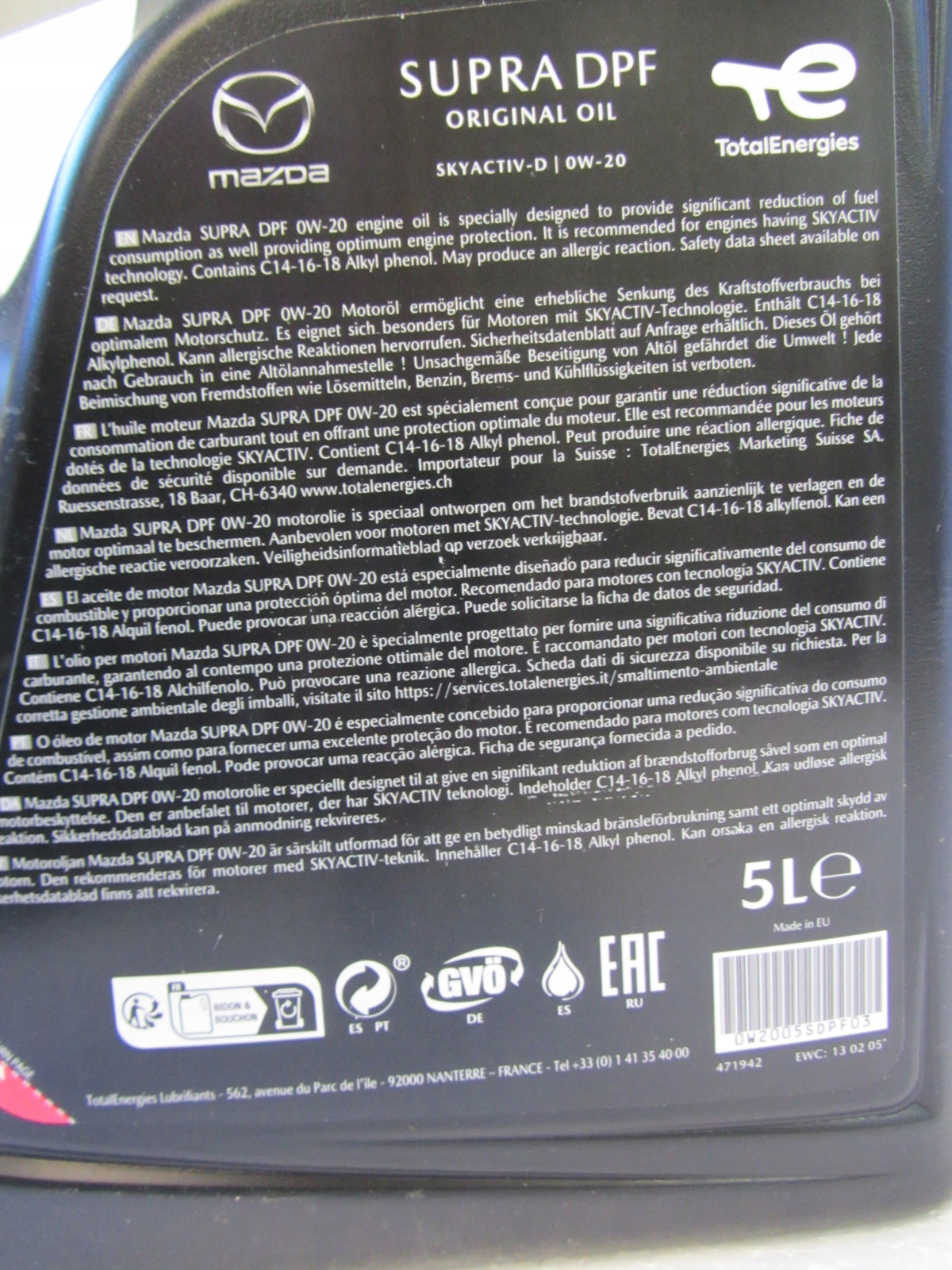 Mazda Supra DPF Original Oil 0W20 0W-20 5L Synthetic Motor Oil Packaging status original