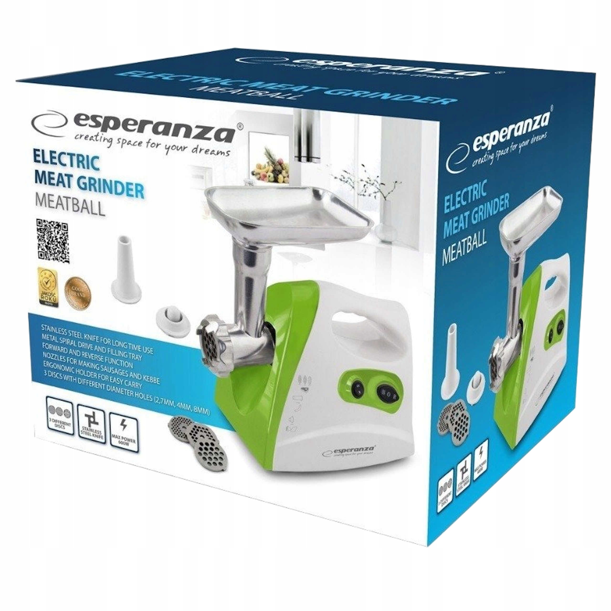 Meat grinder 600W reverse 3 strainers 2 nozzles Esperanza MEATBALL Packaging status original