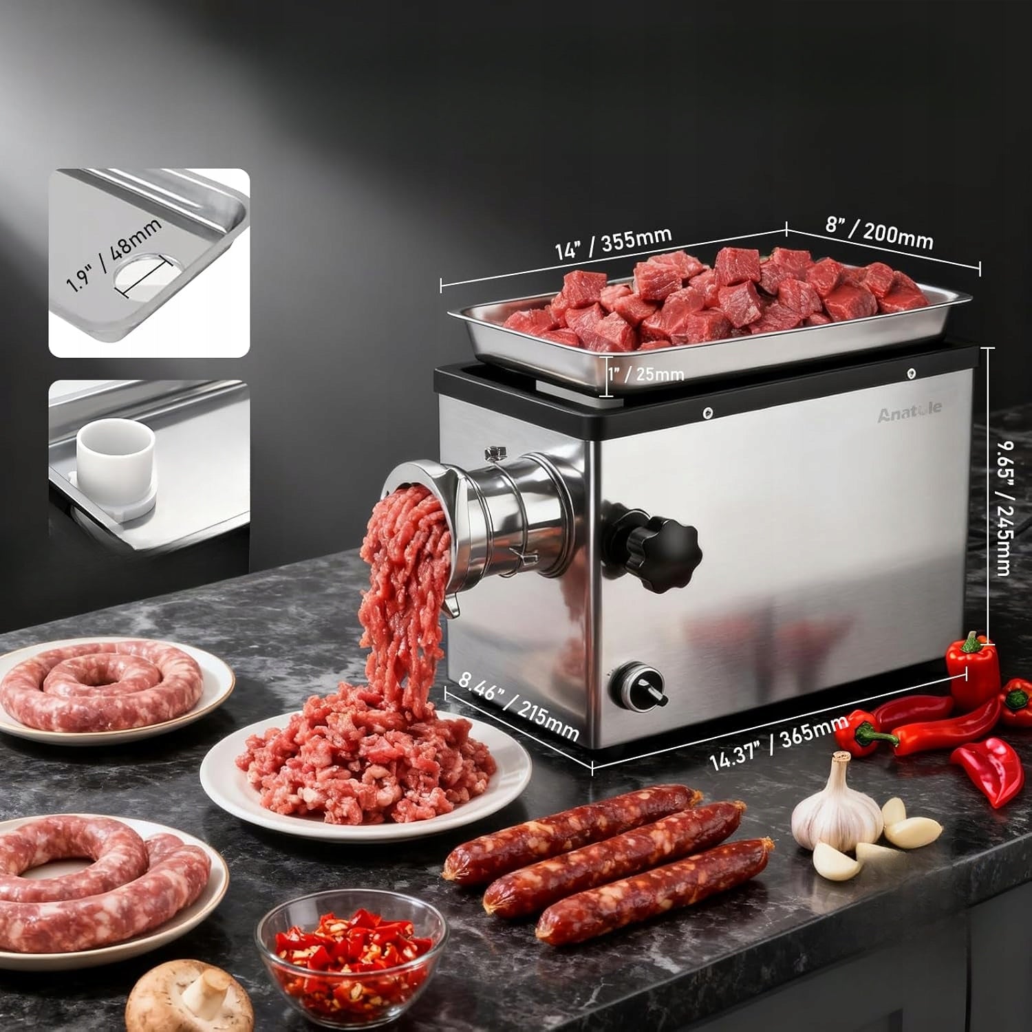 Meat grinder elect. 1300W stainless steel sausage set Packaging status original