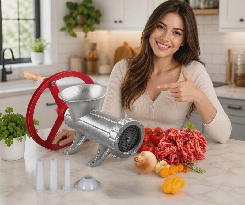 Meat grinder with wheel 32 ZILNER sausage stuffer 3 funnels TOWEL Packaging status original