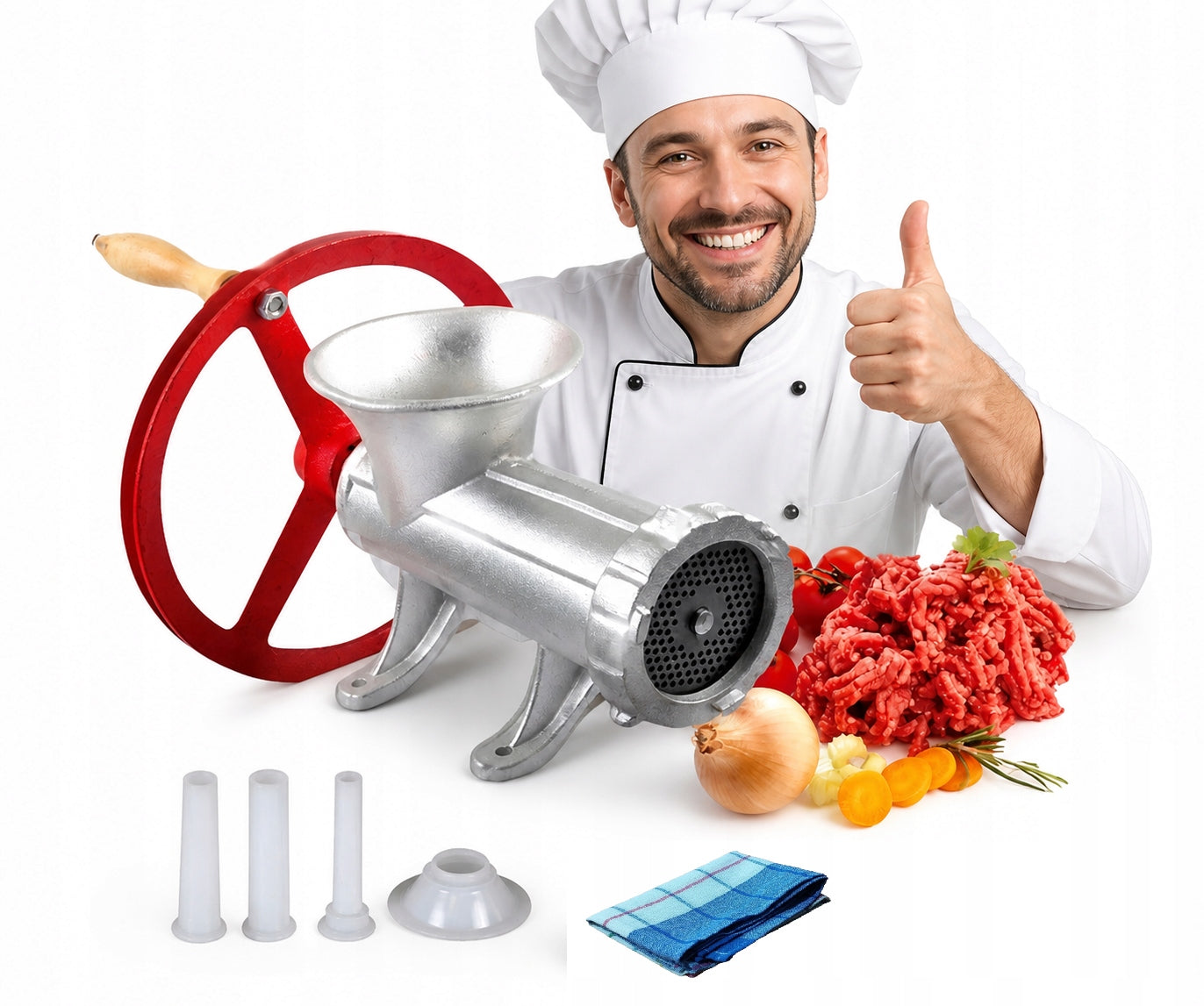 Meat grinder with wheel 32 ZILNER sausage stuffer 3 funnels TOWEL
