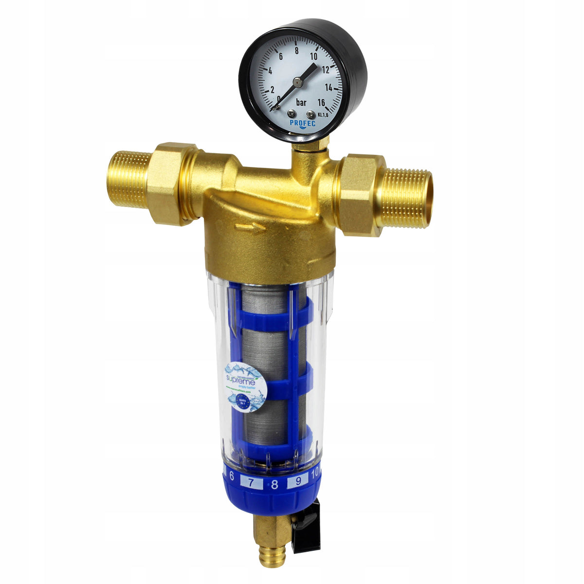 Mechanical filter with tap 1" Supreme pressure gauge Manufacturer code P07059