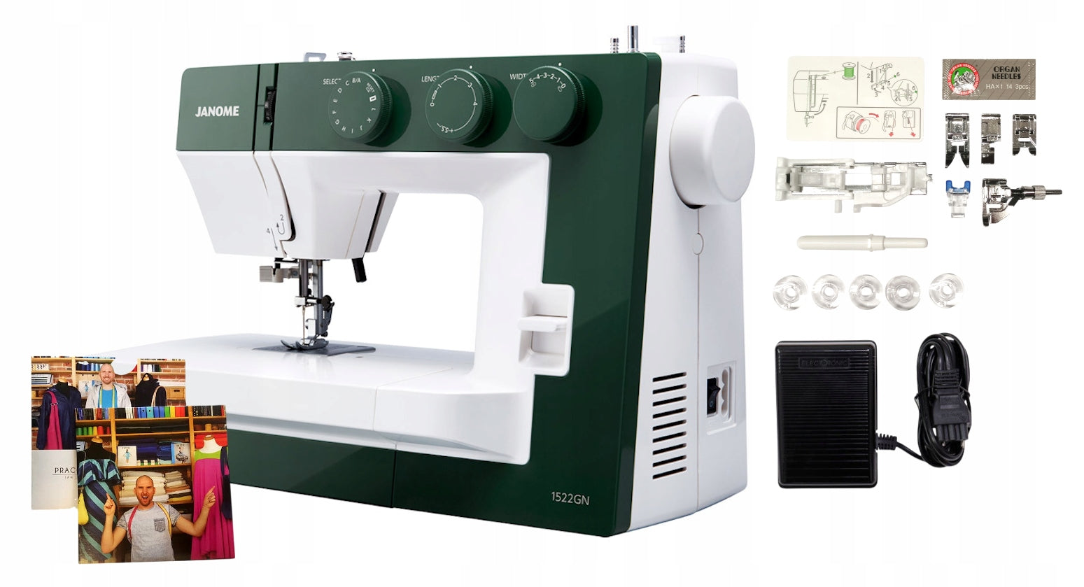 Mechanical sewing machine Janome 1522 GN green + sewing courses