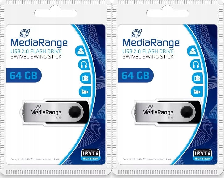 MediaRange flash drive, 64GB, rotating, USB 2.0, silver-black x 2 PCS