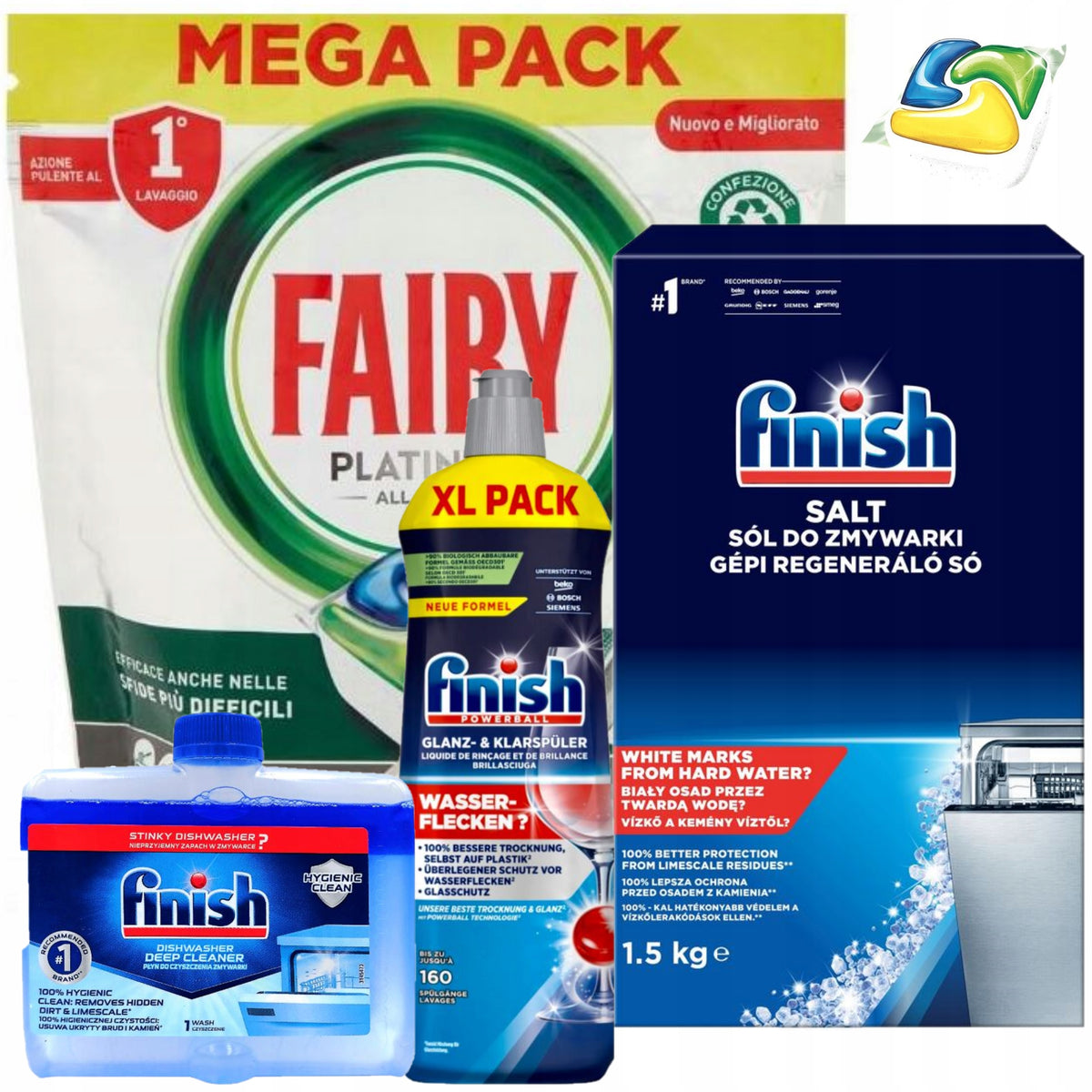 Mega Dishwasher Set Finish Salt Cleaner Shine Fairy Capsules