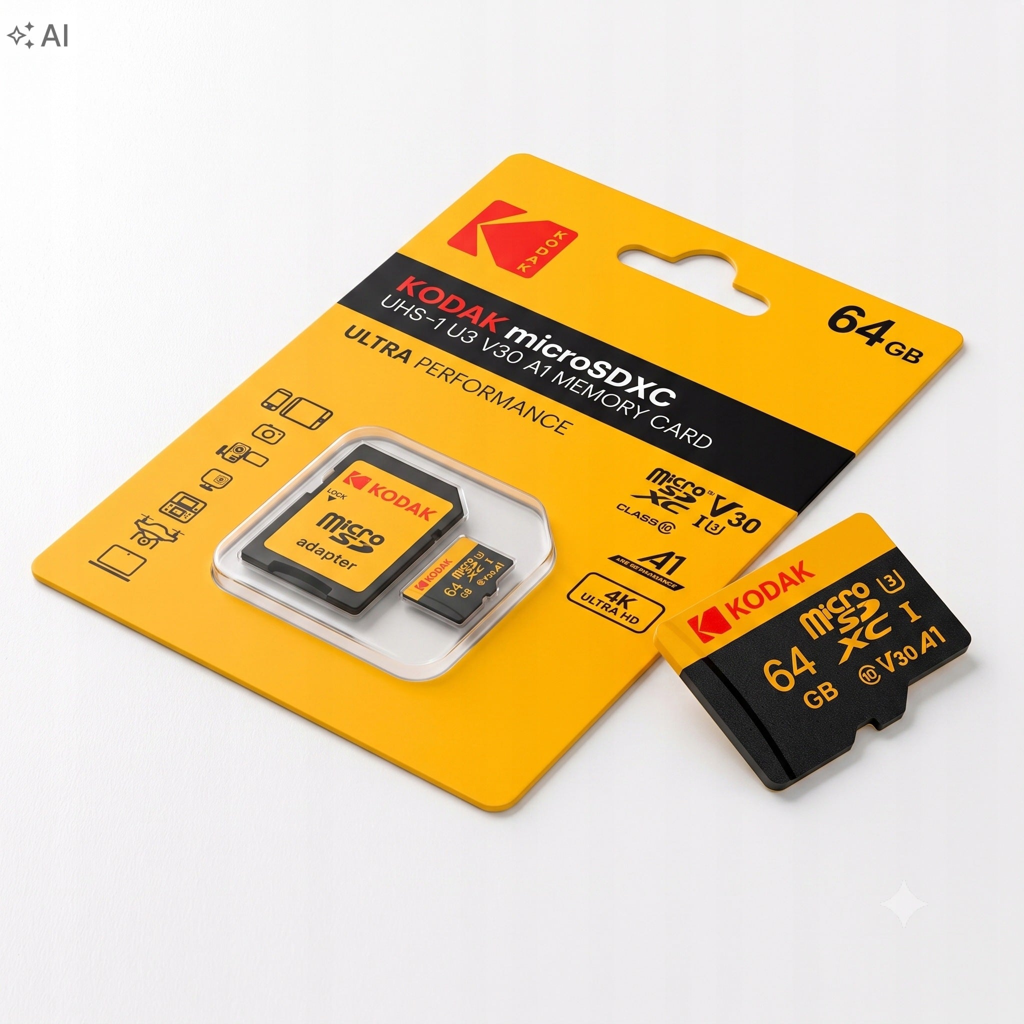 Memory Card Kodak microSDXC 64GB U3 V30 A1 4K Ultra HD + SD Adapter Manufacturer code DD 64