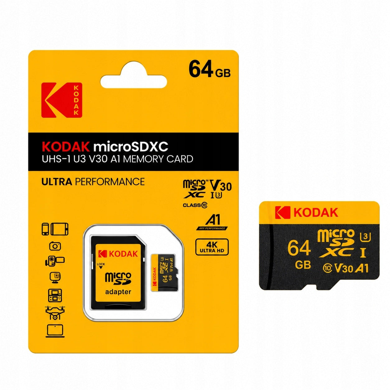 Memory Card Kodak microSDXC 64GB U3 V30 A1 4K Ultra HD + SD Adapter