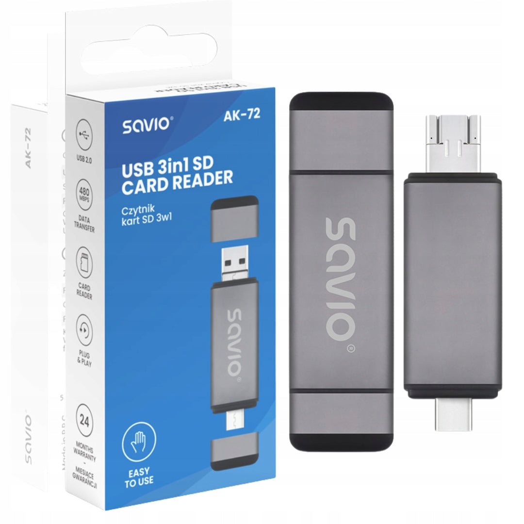 Memory Card Reader 3in1 SAVIO AK-72 SD USB-C+ USB-A 2.0+ Micro USB 3in1