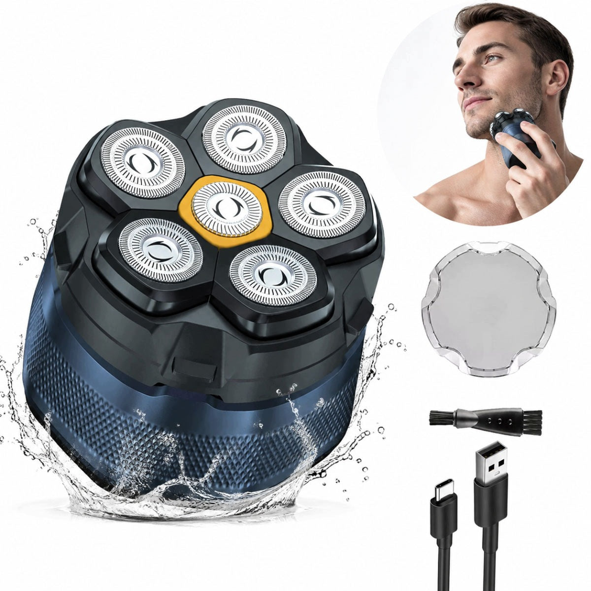Men's Electric Shaver for Shaving Head | 6 Blade 6D IPX7 USB-C
