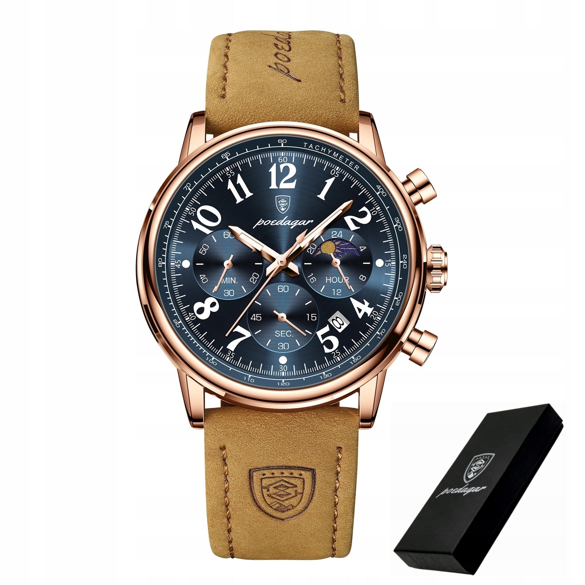 Men's Elegant Watch POEDAGAR Chronograph Box Day/Night Indicator