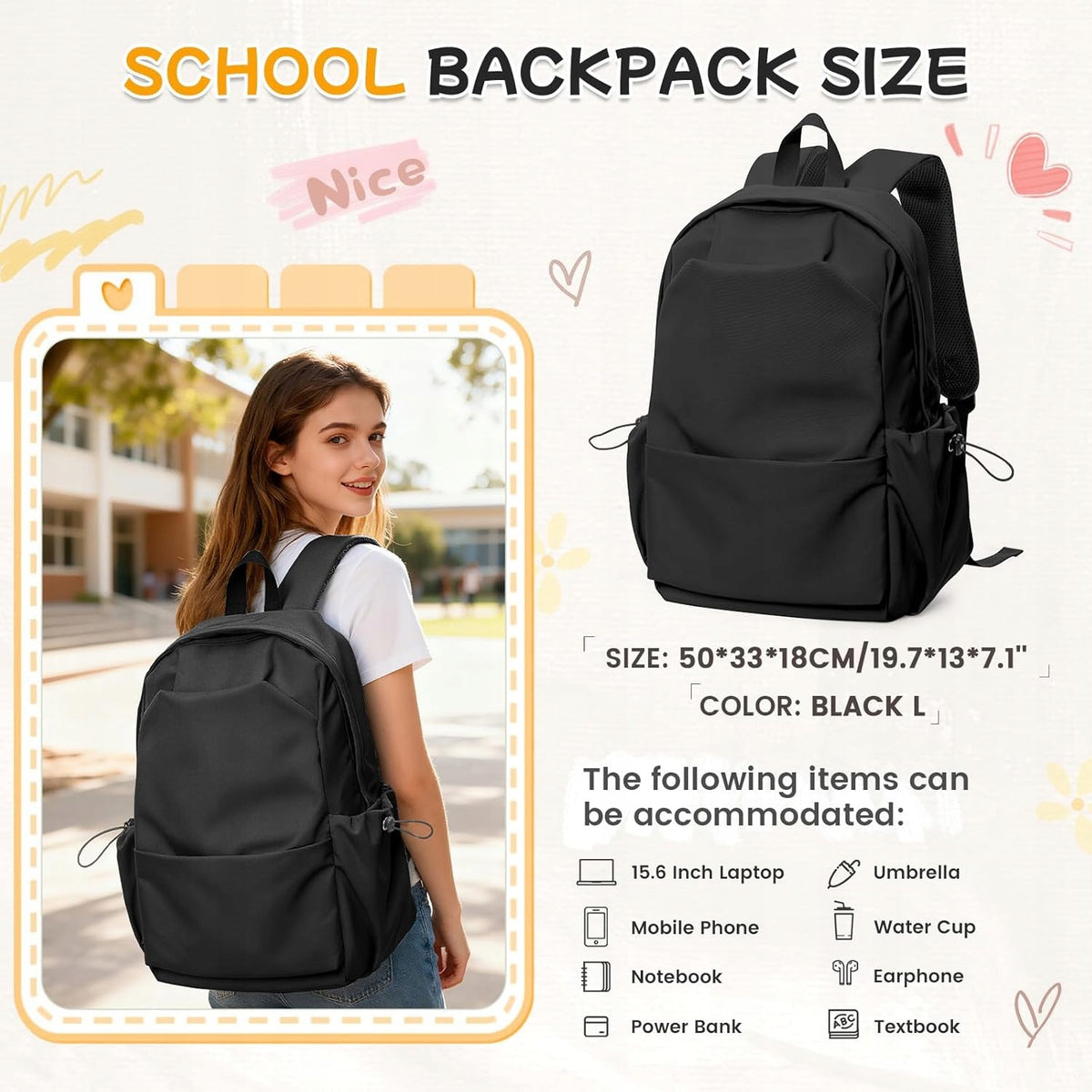 Men's School Backpack 29L Laptop 15,6 Waterproof Black Packaging status original