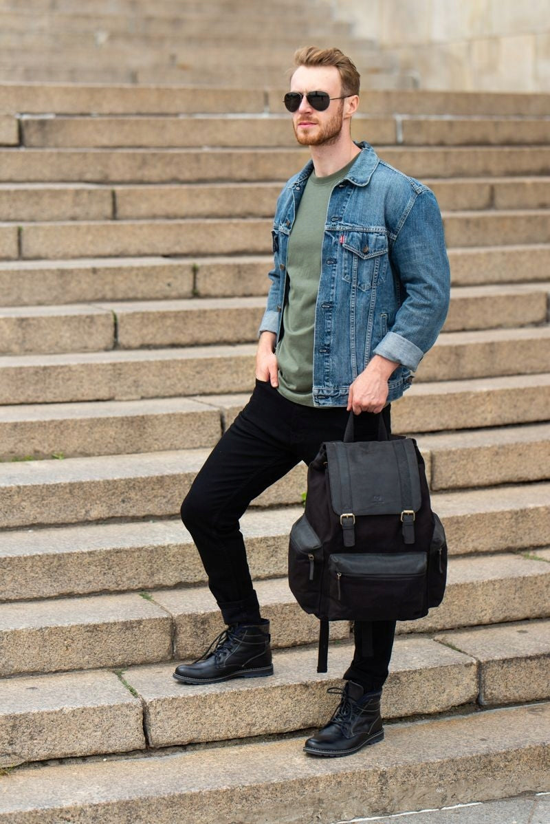 Men's School Backpack Canvas + Genuine Leather Vintage Youth Travel EAN (GTIN) 5904365074704
