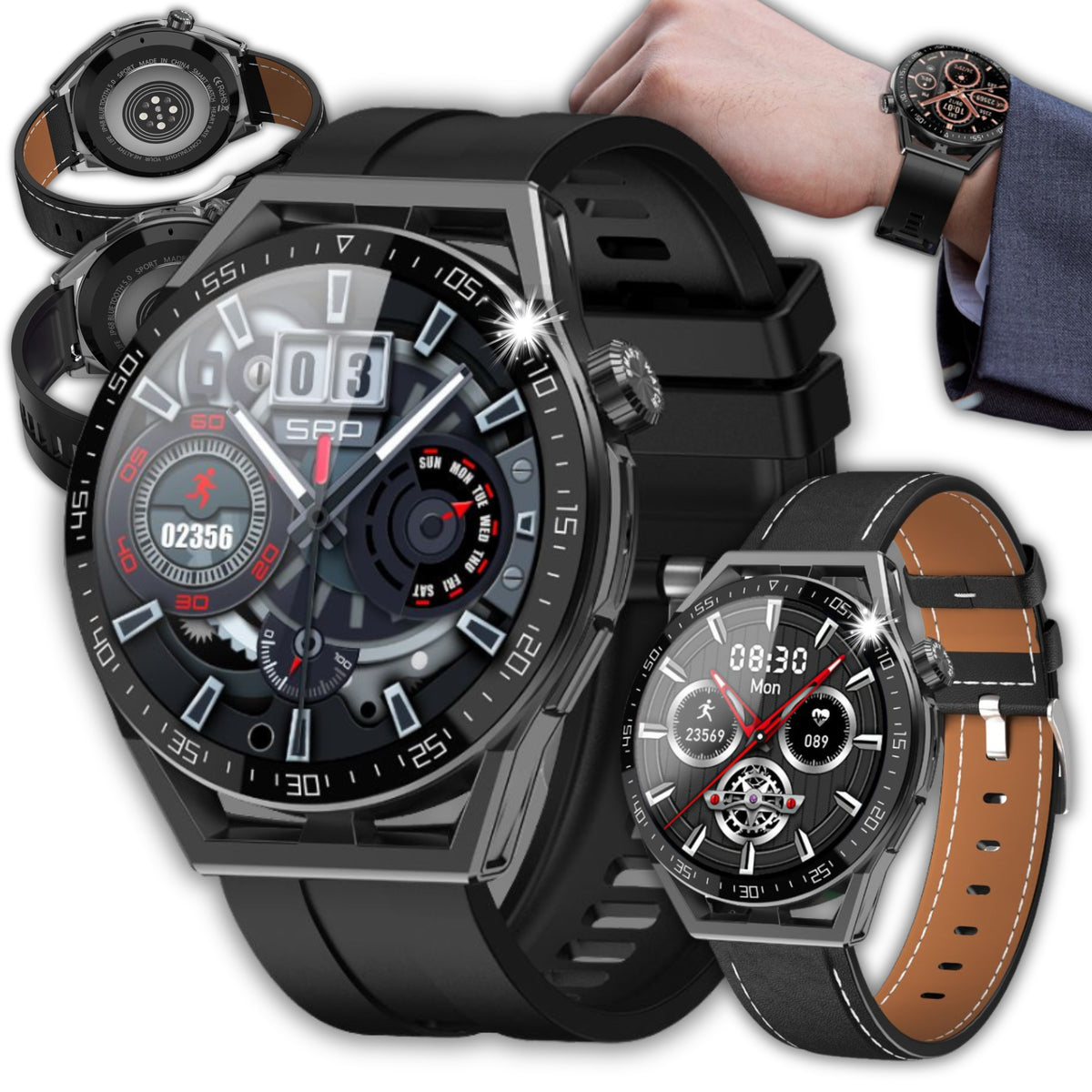 Men's Smartwatch Rubicon RNCE88-1 IP68 Conversations 2 Strips Leather Silicone Black