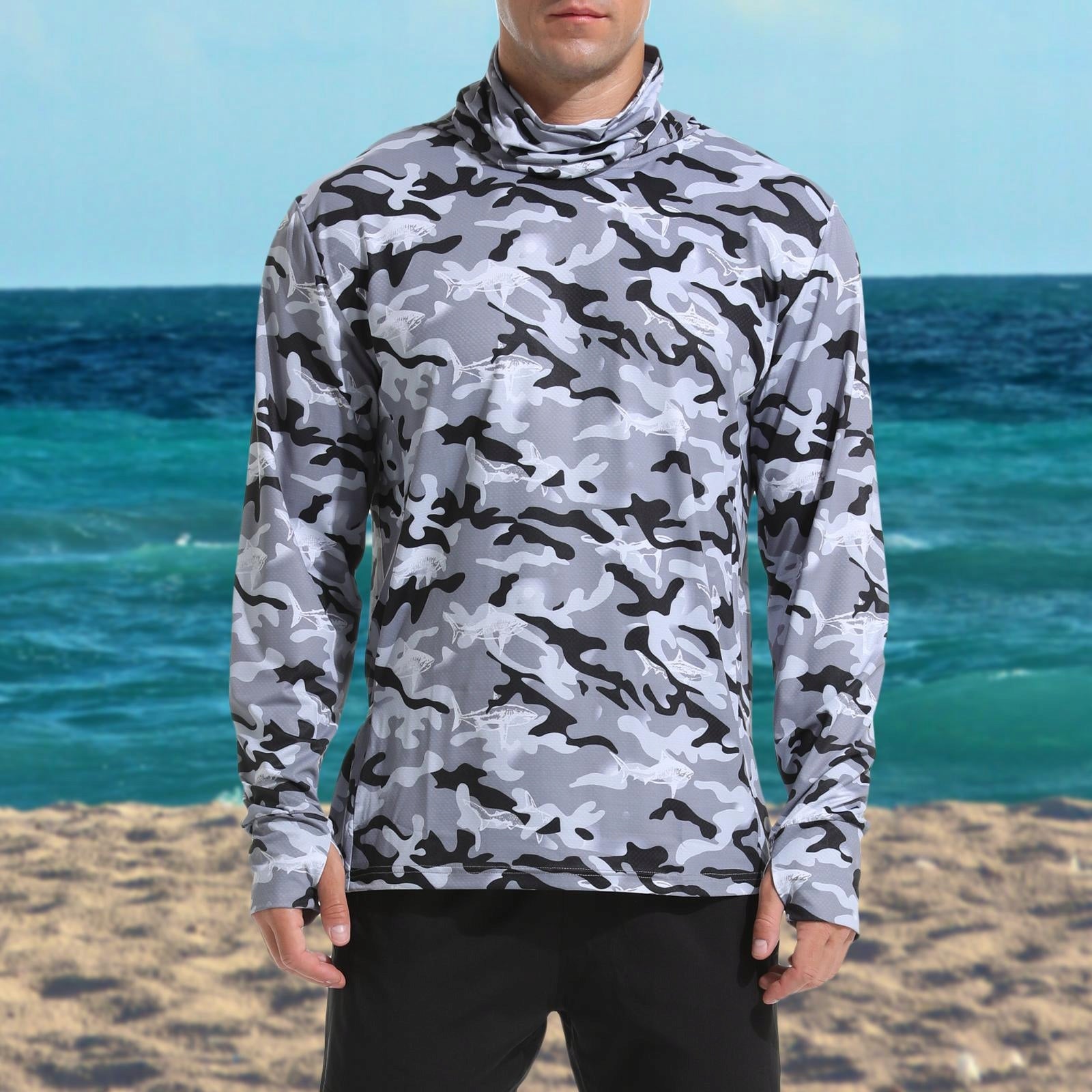 Men s Sun Protection Hoodie Shirt Face Cover with Thumb Holes Thin Sun XL Model Sun Protection Fishing Shirt