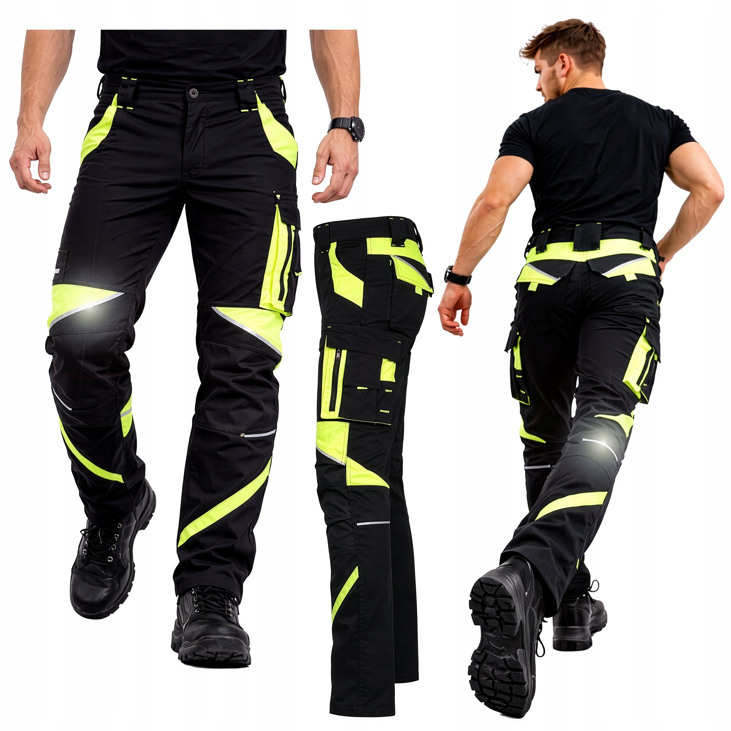Men's Work Pants ELASTIC STRETCH COTTON REFLECTIVE YELLOW to waist