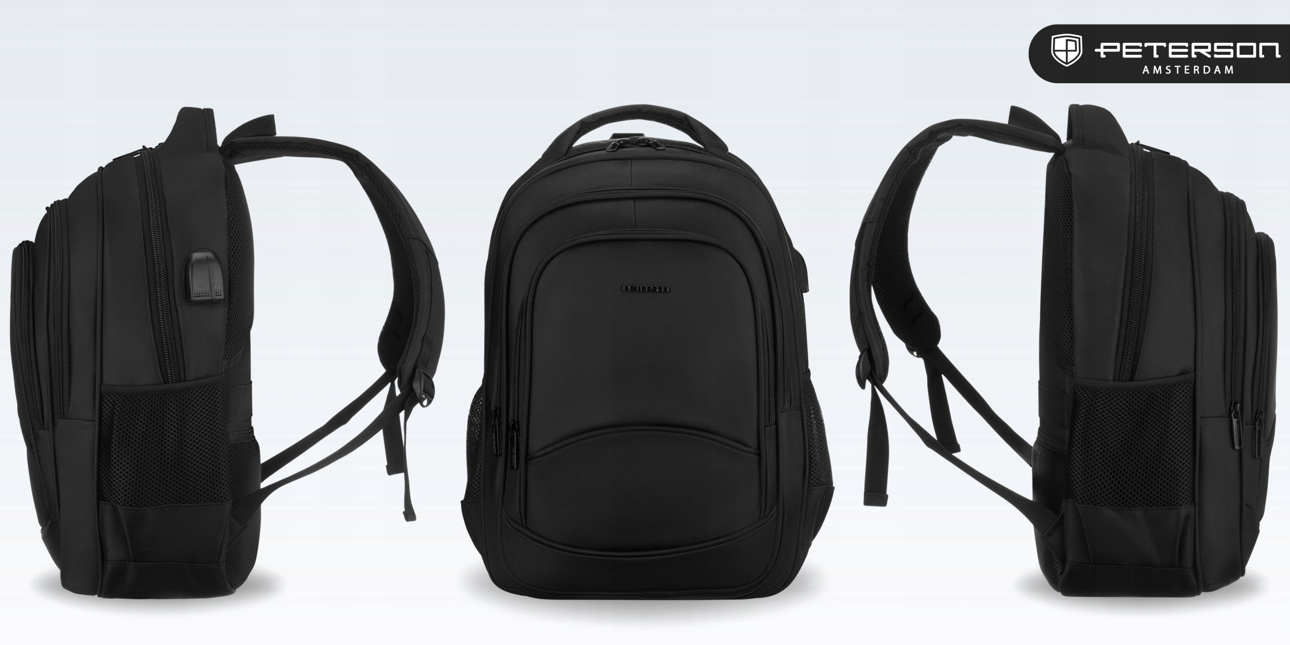 Men's backpack black for laptop roomy solid for business work Peterson Brand Peterson