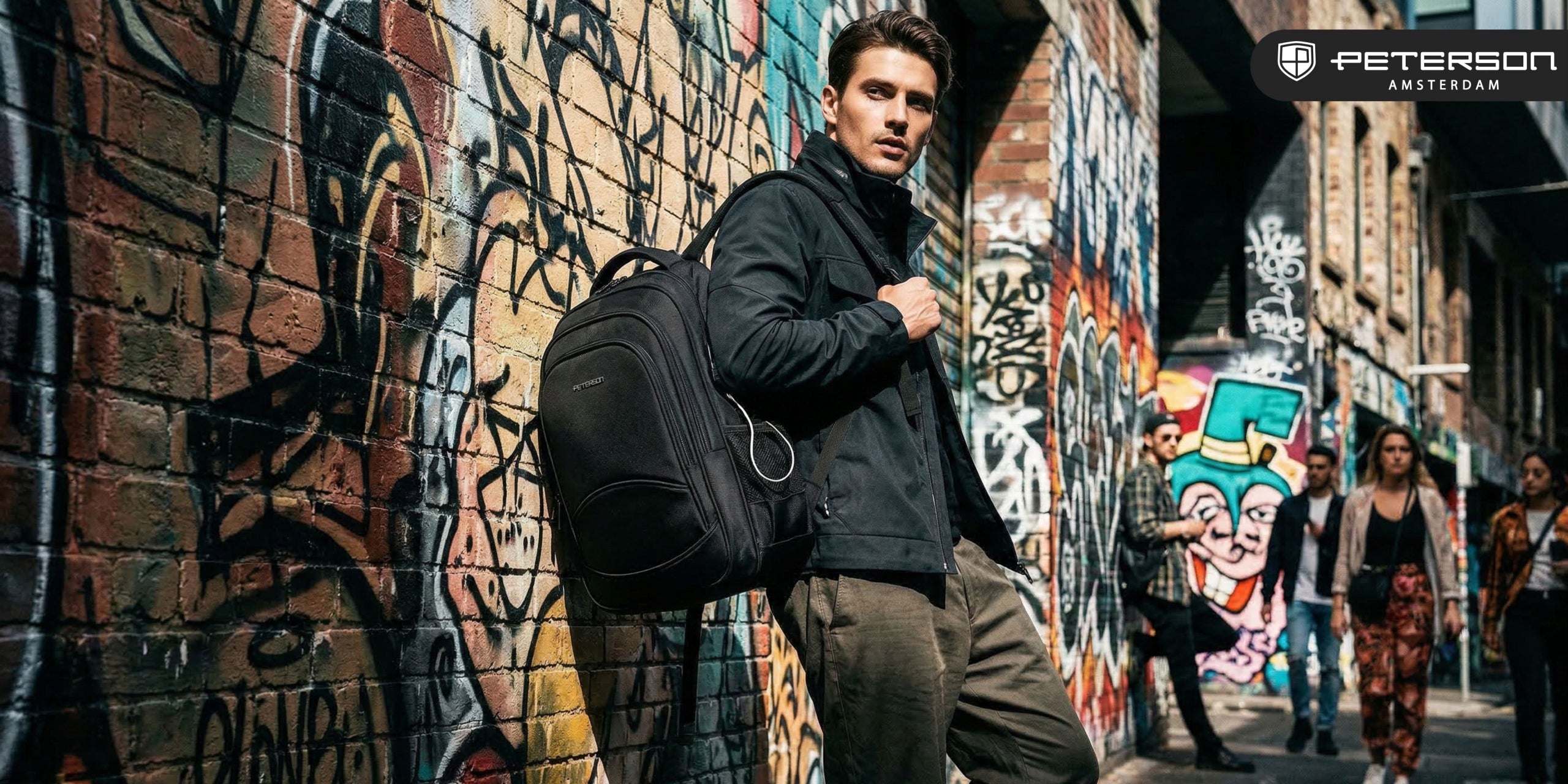 Men's backpack black for laptop roomy solid for business work Peterson Packaging status original
