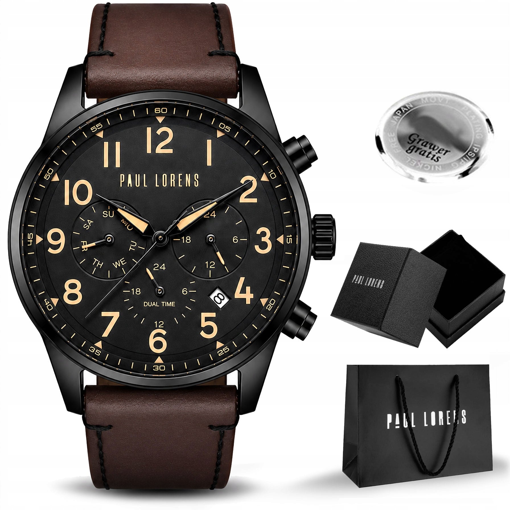 Men's leather watch Paul Lorens BAYAS with date -daily time +ENGRAVING