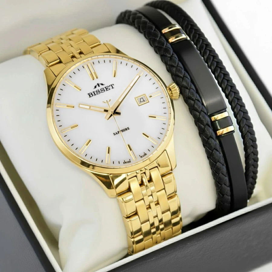 Men's set Swiss watch Bisset Sapphire glass DATE + ENGRAVING