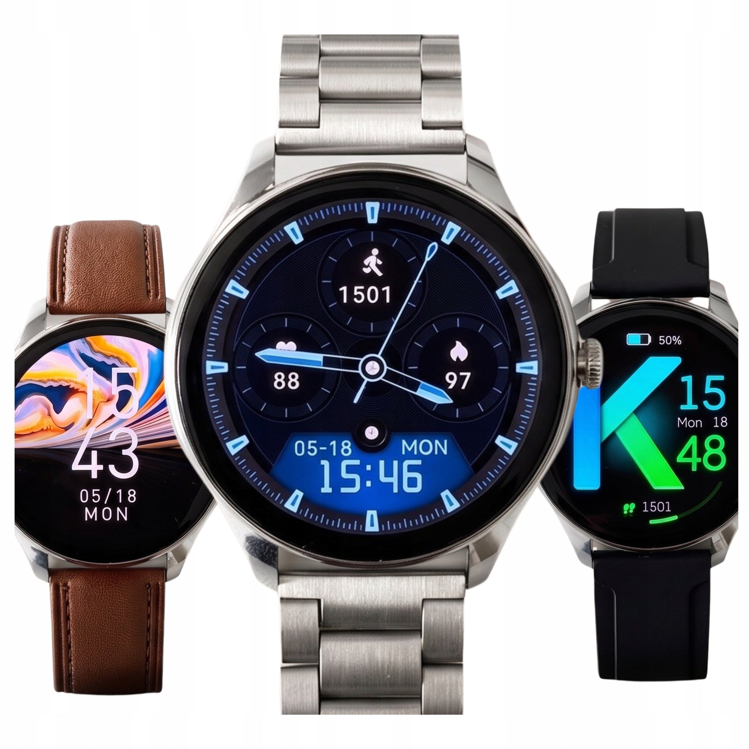 Men's smartwatch SILVER with bracelet 3 stripes Polish screen AMOLED