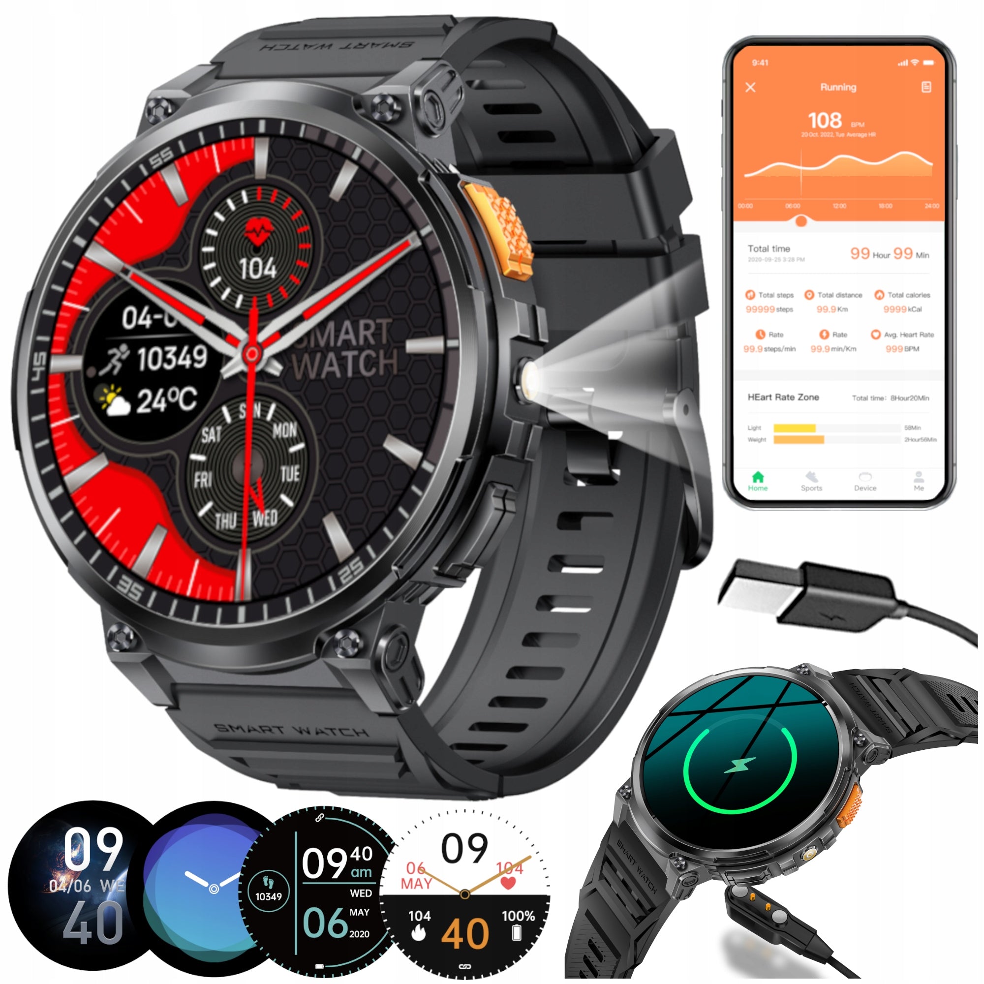 Men's smartwatch large sports functions flashlight GlacierX Giant Black