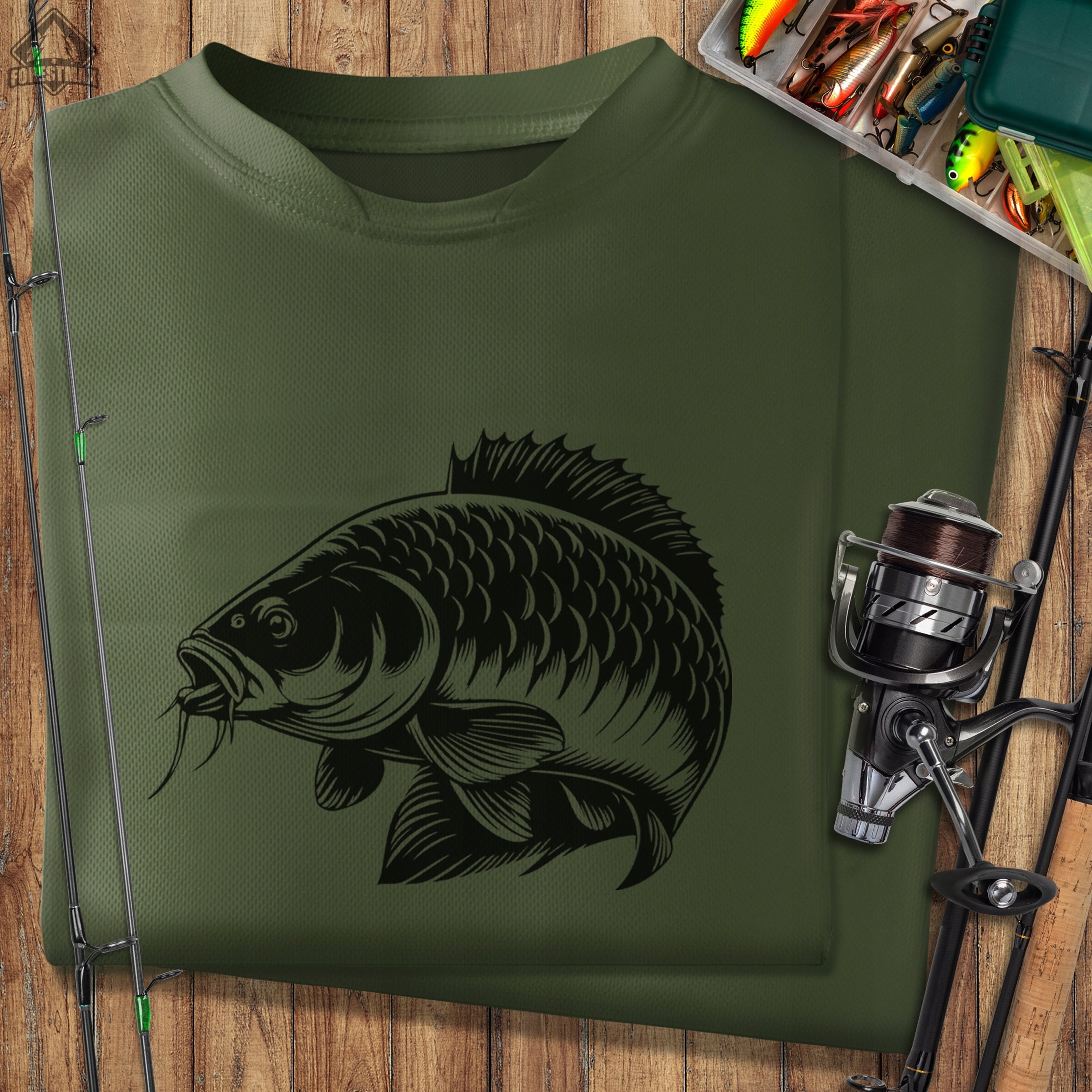 Men's thermoactive fishing shirt for summer khaki color print KARP r. S Sleeve short sleeve