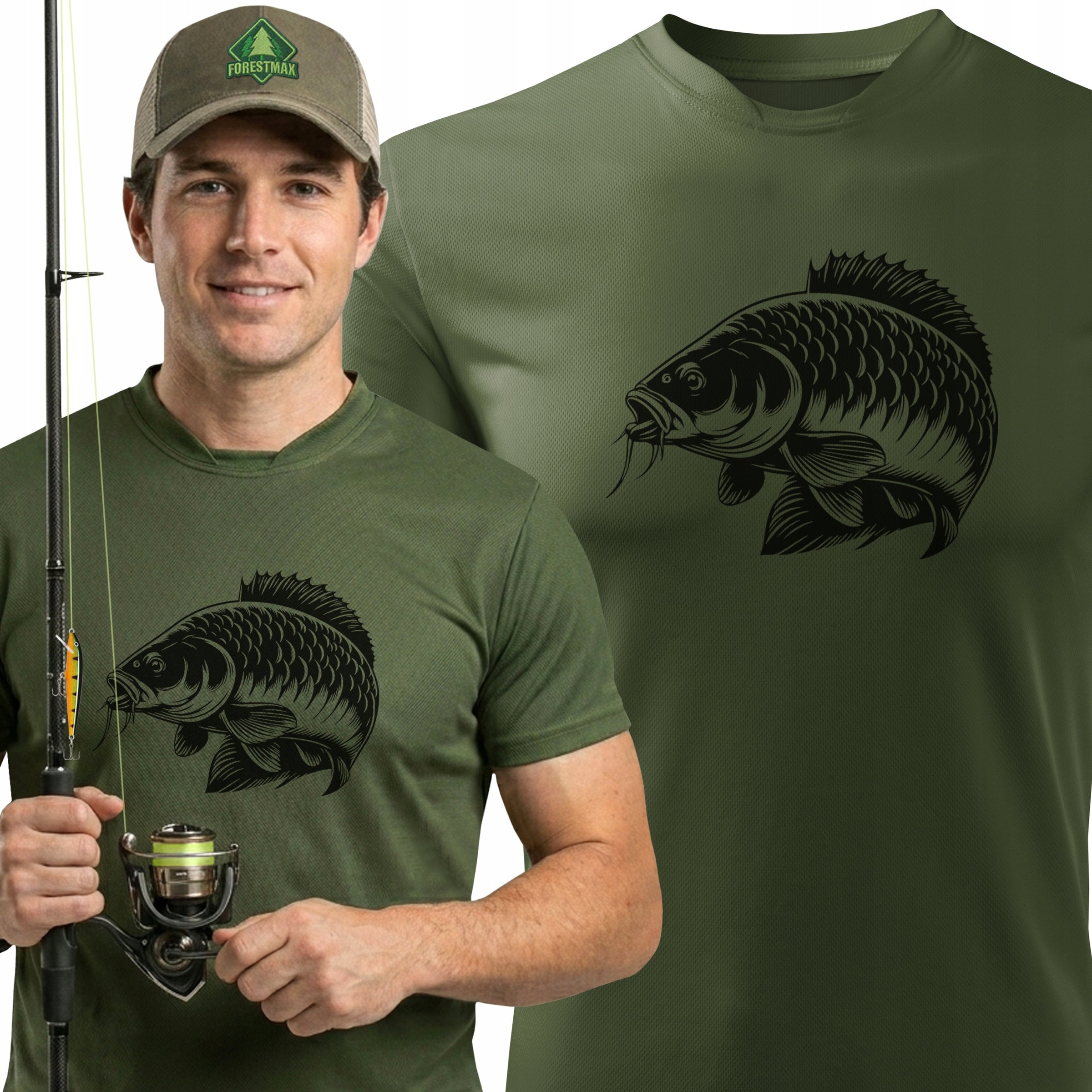 Men's thermoactive fishing shirt for summer khaki color print KARP r. S