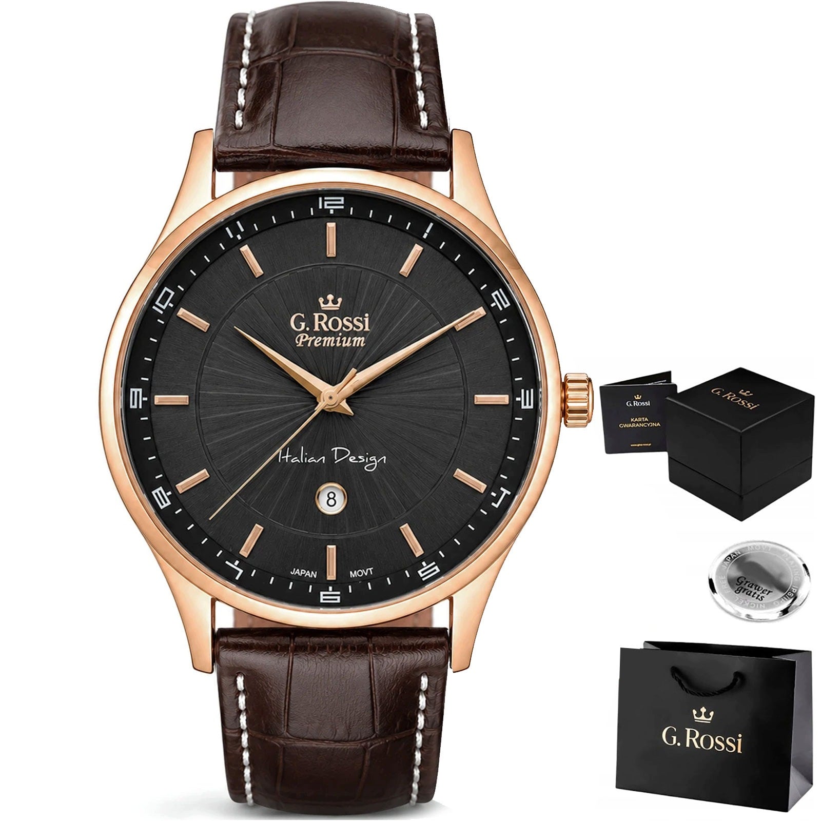 Men's watch G. Rossi PREMIUM-Scott- steel with ENGRAVING - leather strap
