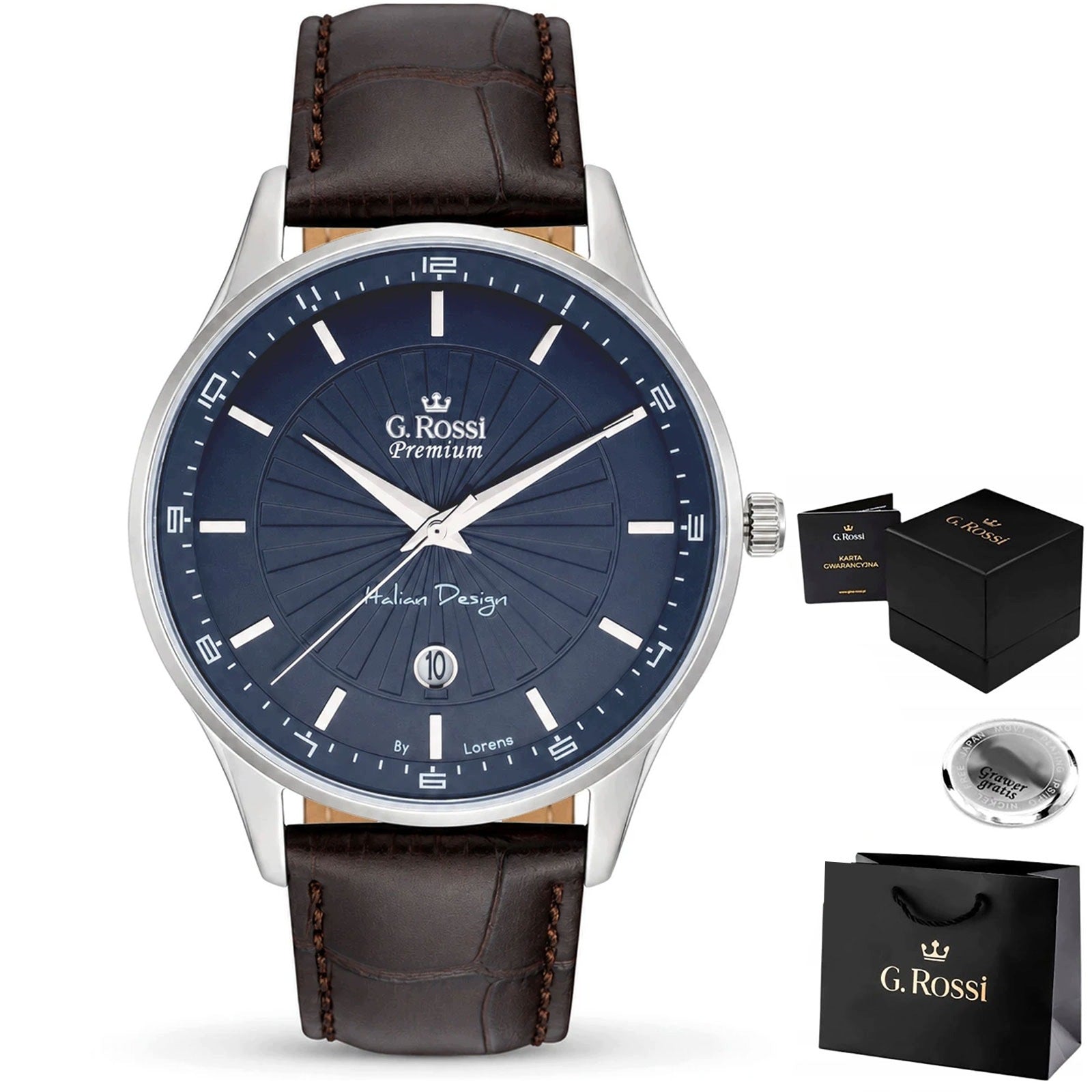 Men's watch G. Rossi SCOTT steel with ENGRAVING - leather strap + DATE