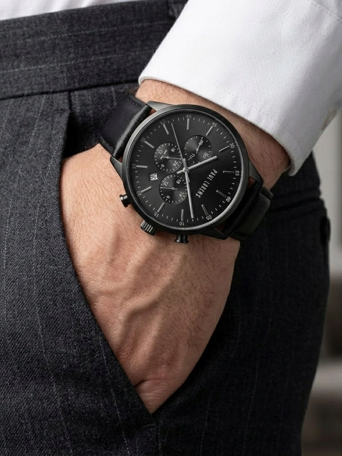 Men's watch Paul Lorens LARGO - DUAL TIME - DATE - leather + ENGRAVING Strap color black