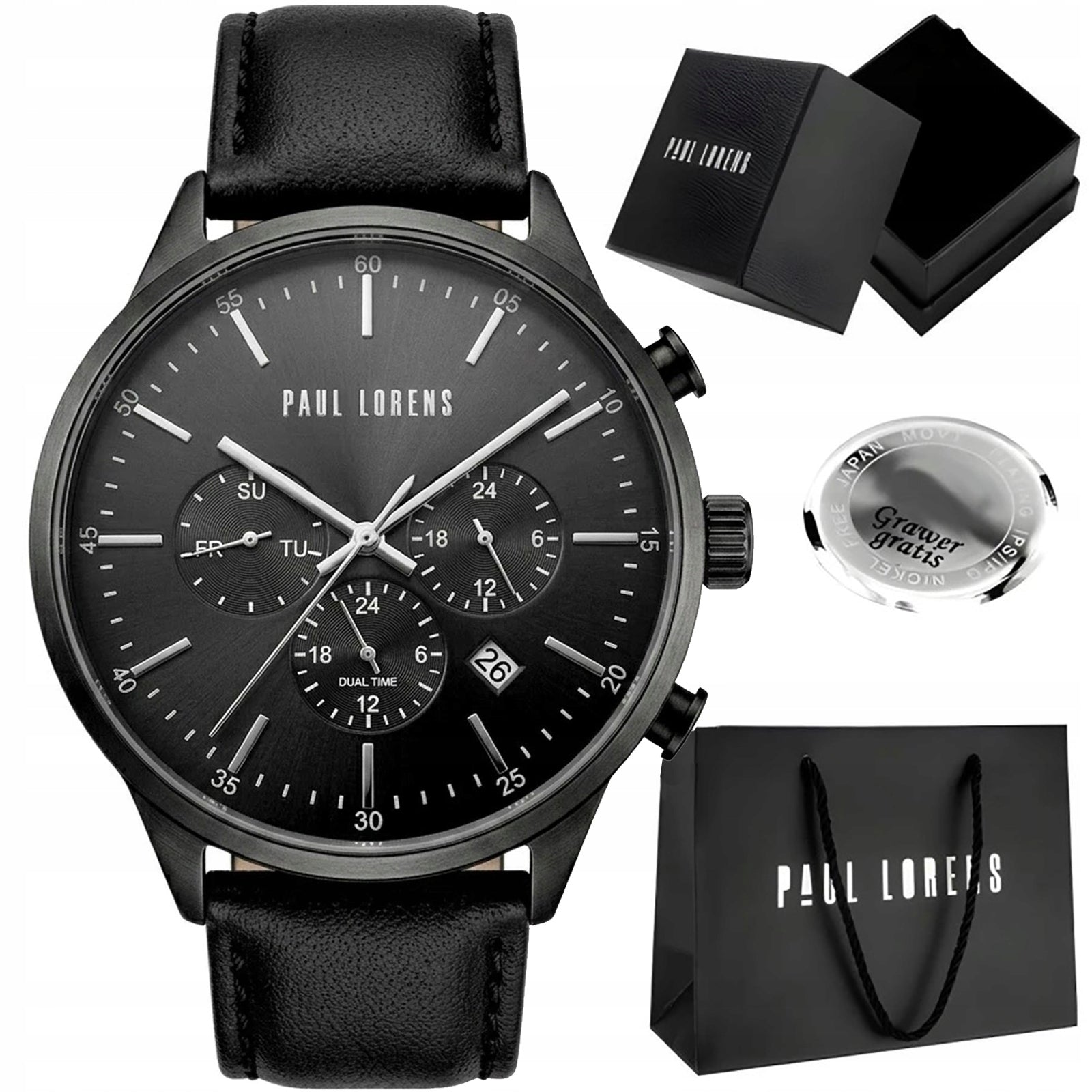 Men's watch Paul Lorens LARGO - DUAL TIME - DATE - leather + ENGRAVING