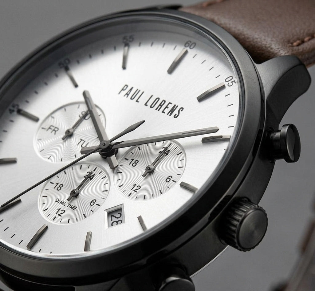 Men's watch Paul Lorens LARGO - DUAL TIME - for Dad - leather + ENGRAVING Brand Paul Lorens