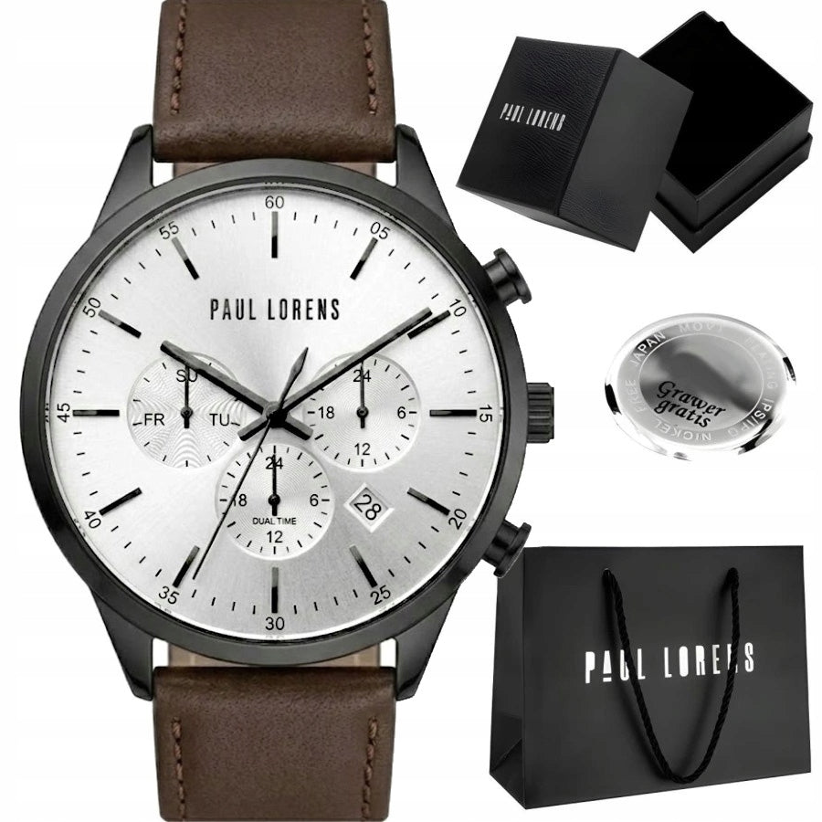 Men's watch Paul Lorens LARGO - DUAL TIME - for Dad - leather + ENGRAVING