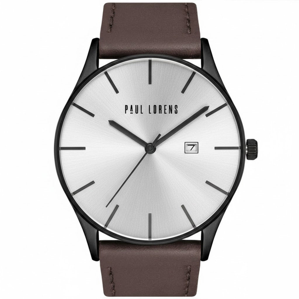Men's watch Paul Lorens LONGIO brown leather - with date- for Dad +ENGRAVING Manufacturer code LONGIO A2-3B1