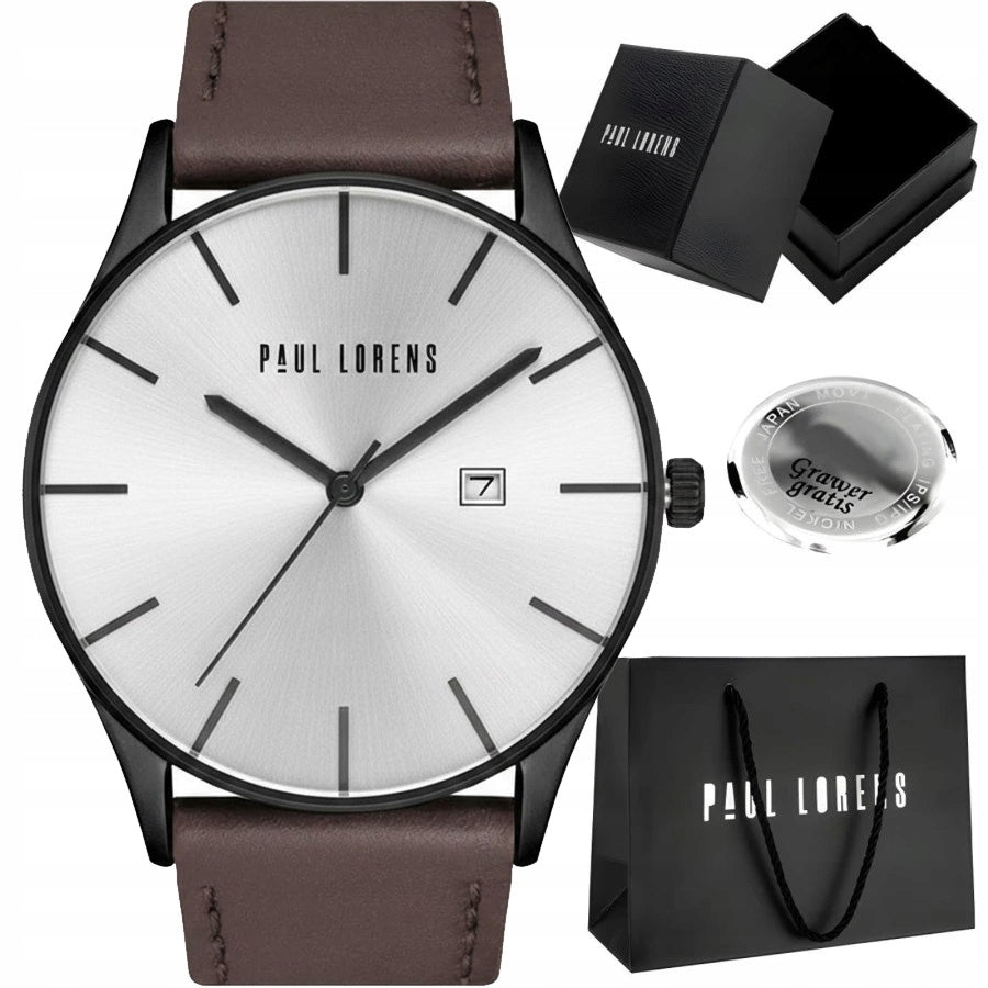 Men's watch Paul Lorens LONGIO brown leather - with date- for Dad +ENGRAVING