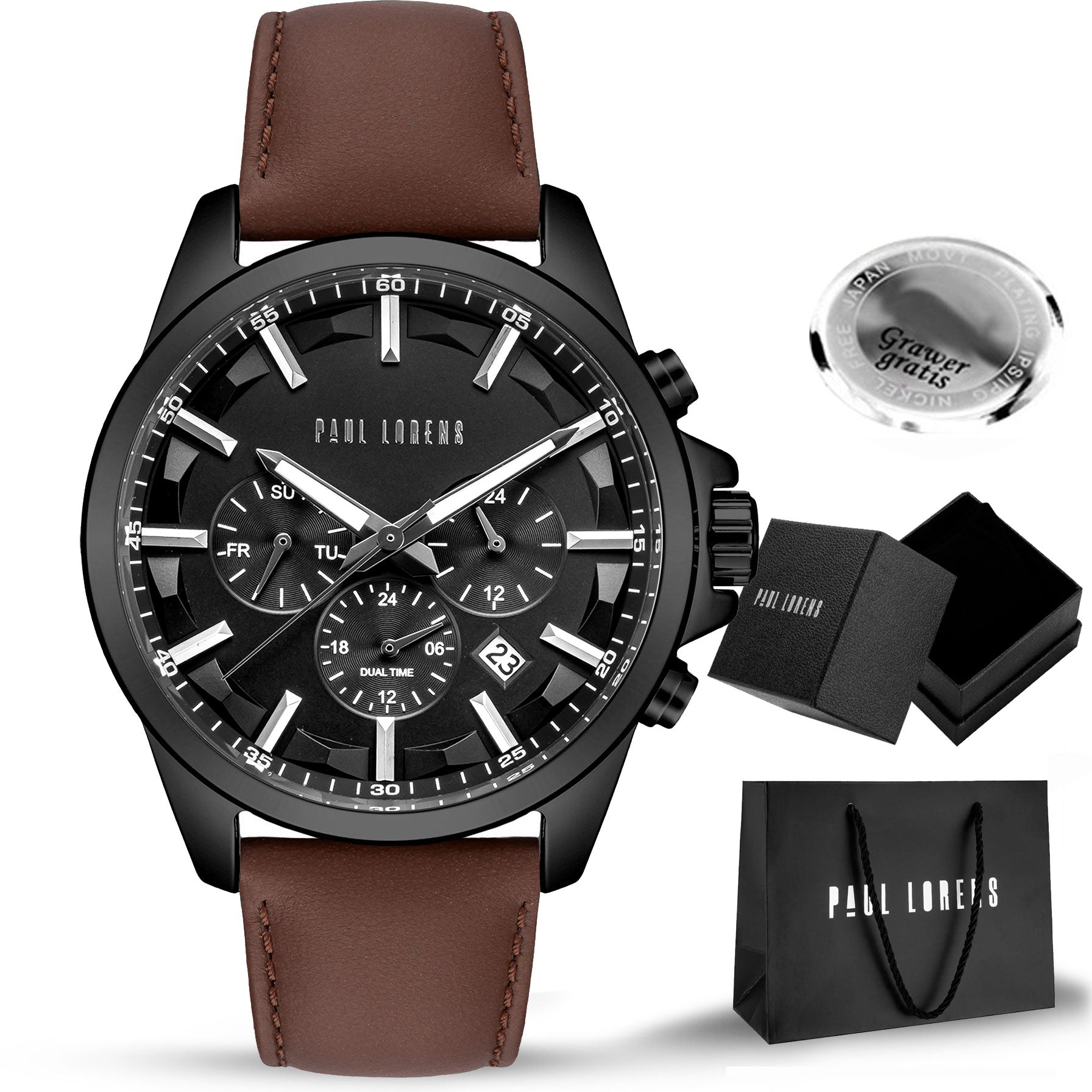 Men's watch Paul Lorens MAKALU leather strap brown date +ENGRAVING