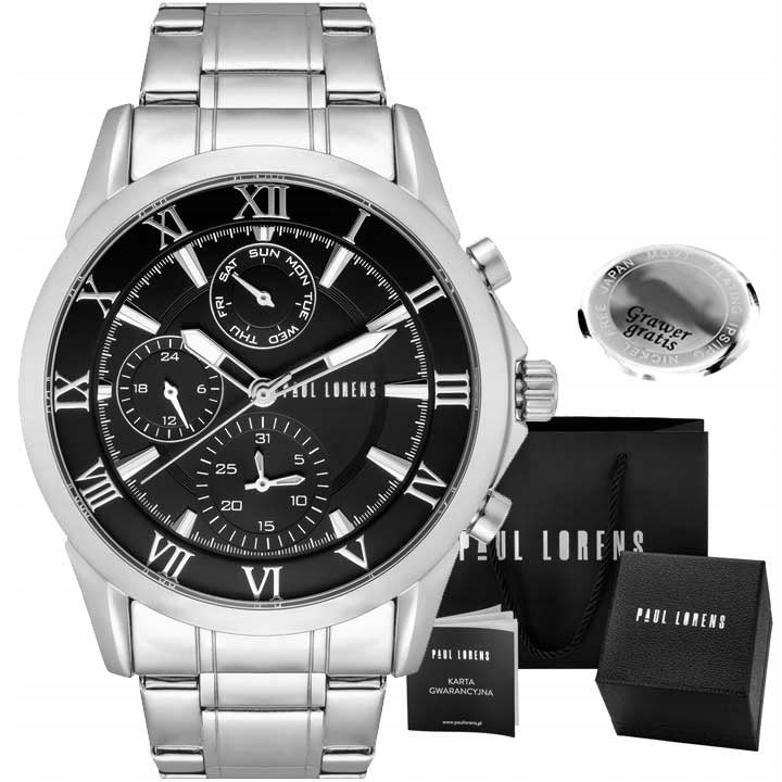 Men's watch Paul Lorens NEXTON multi-date SILVER stylish BOX+ ENGRAVING