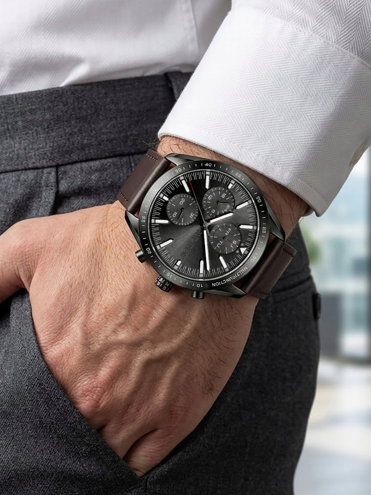 Men's watch Paul Lorens TARSO genuine leather - MULTI DATE + ENGRAVING Model TARSO-1B1 z GRAWEREM