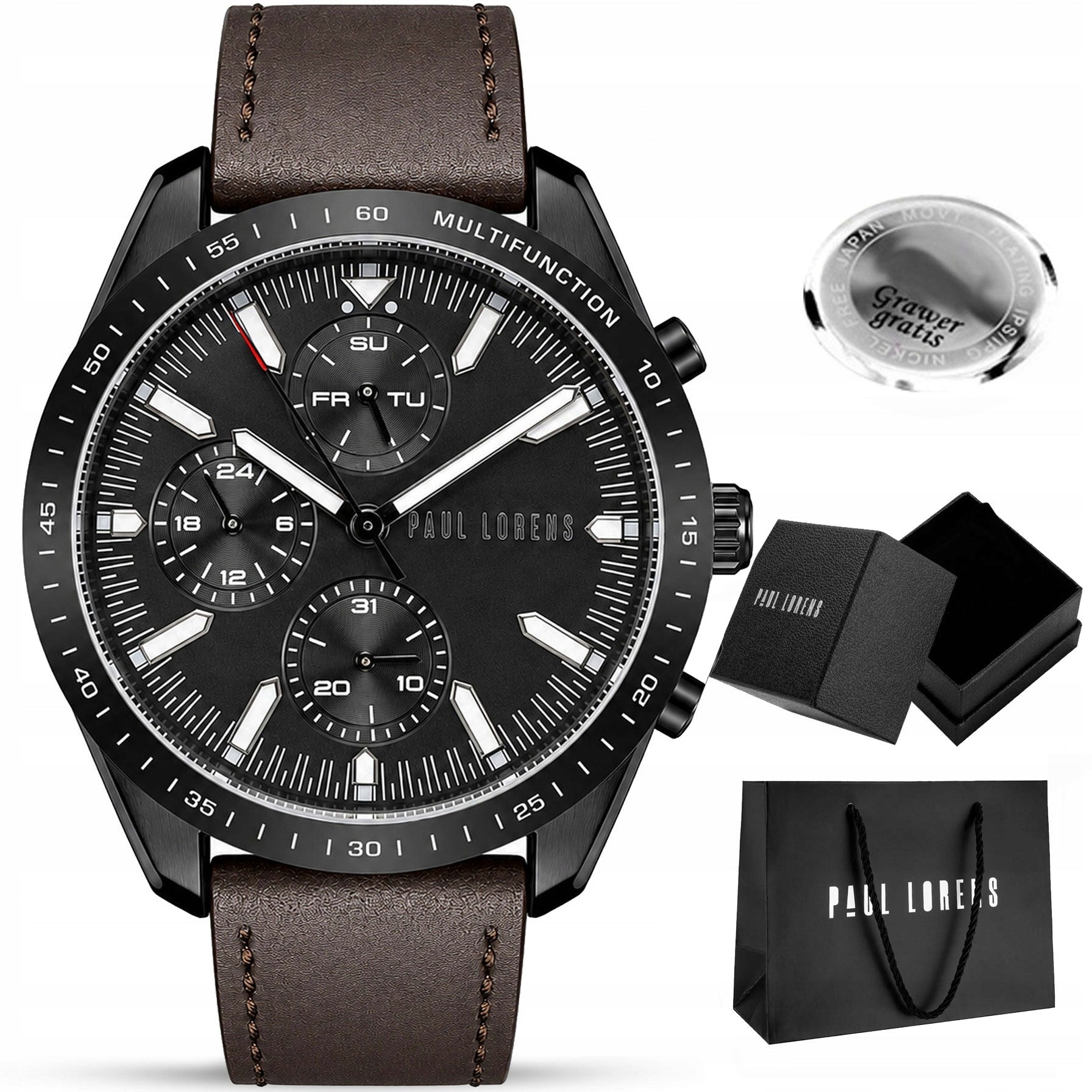Men's watch Paul Lorens TARSO genuine leather - MULTI DATE + ENGRAVING