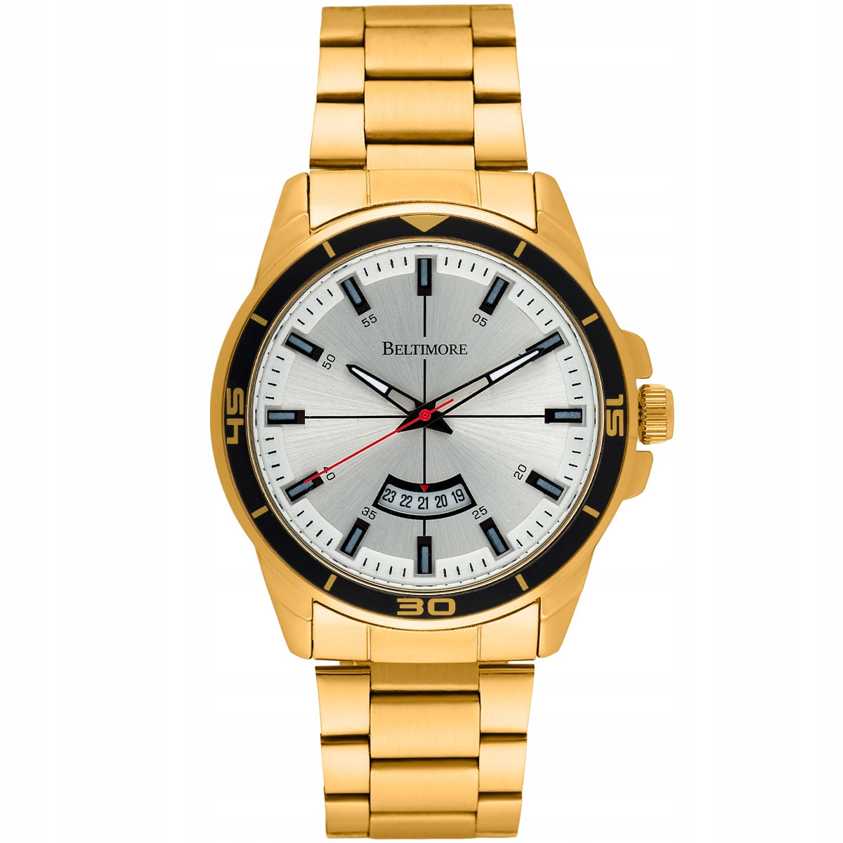 Men's watch bracelet date large gold quartz box Beltimore Packaging status original