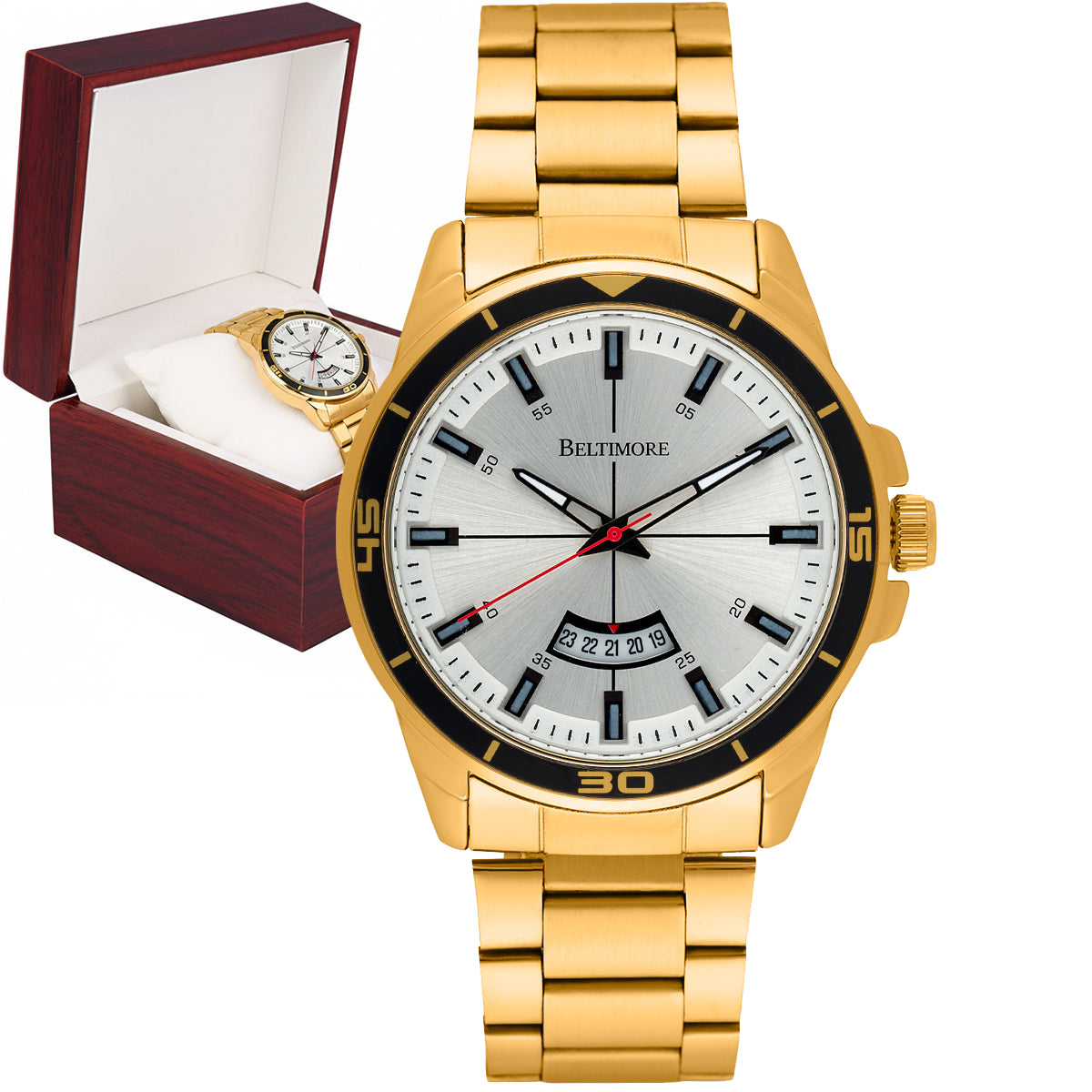 Men's watch bracelet date large gold quartz box Beltimore